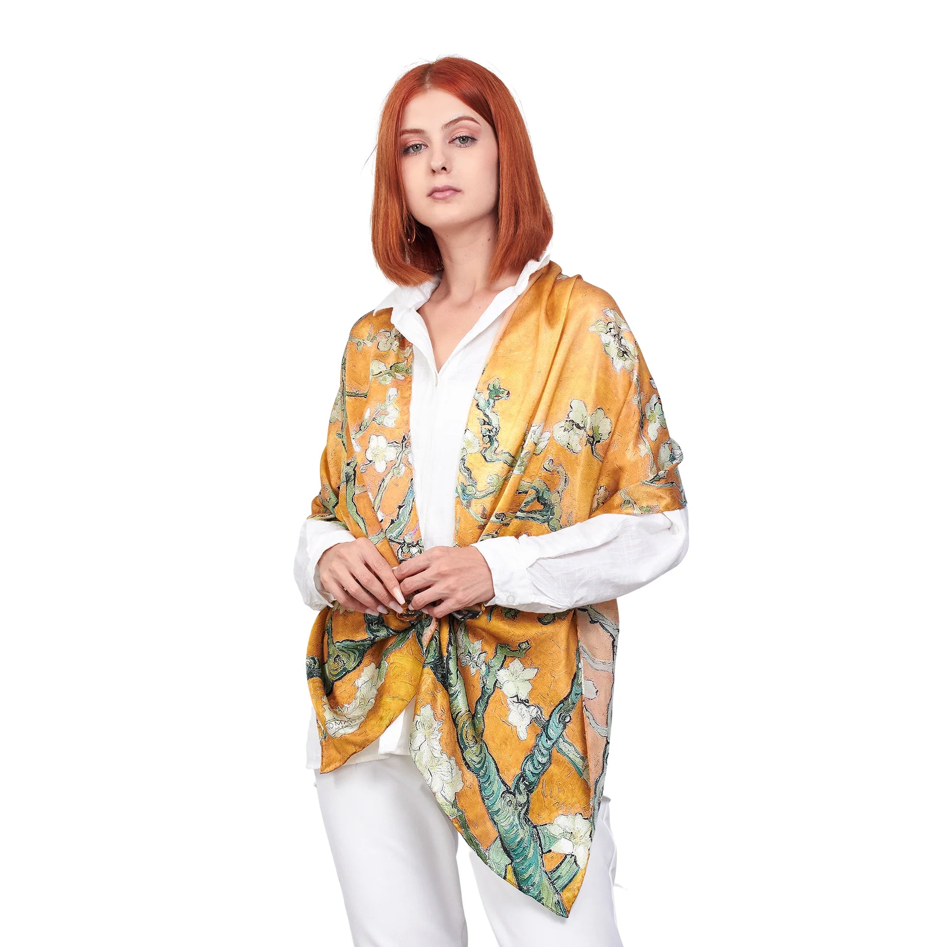 %100 İpek Şal | Gold | 140 cm | Van Gogh Badem Ağacı | Nomads Felt