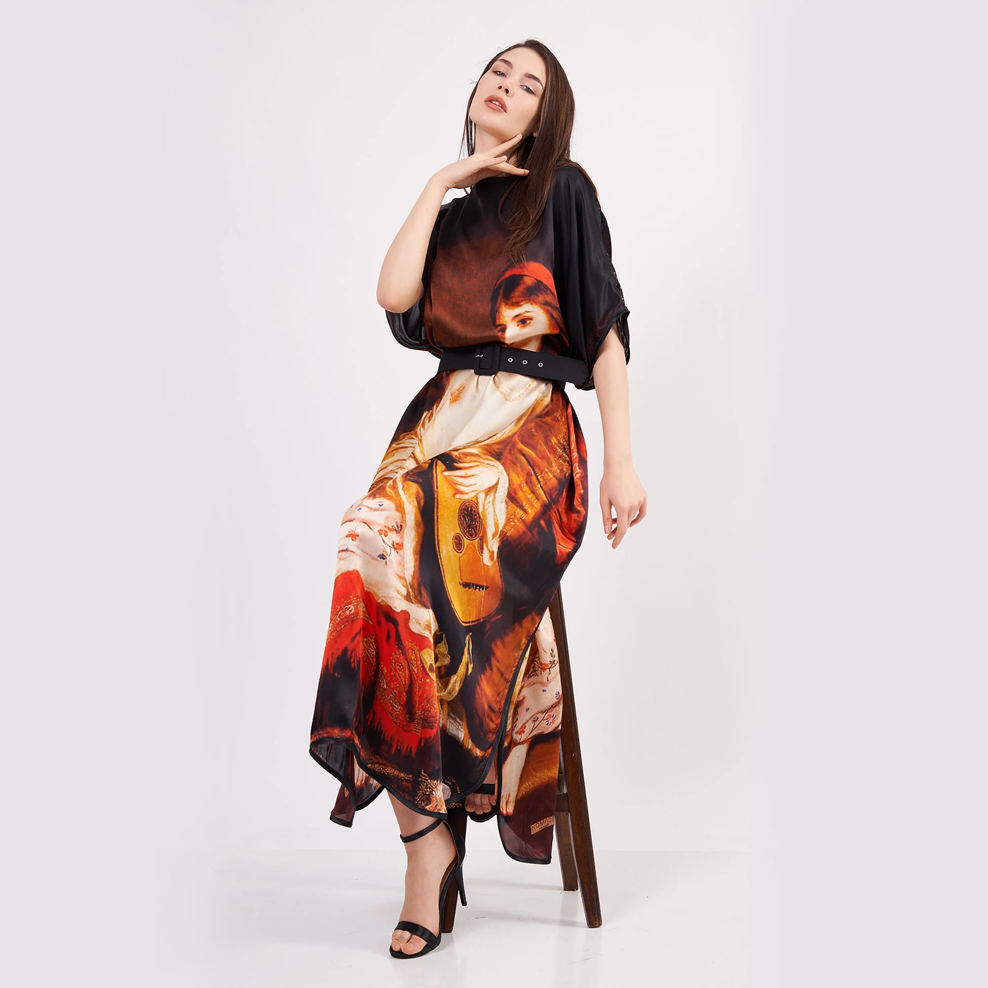 %100 İpek Uzun Elbise | Siyah Harem Desen | Nomads Felt