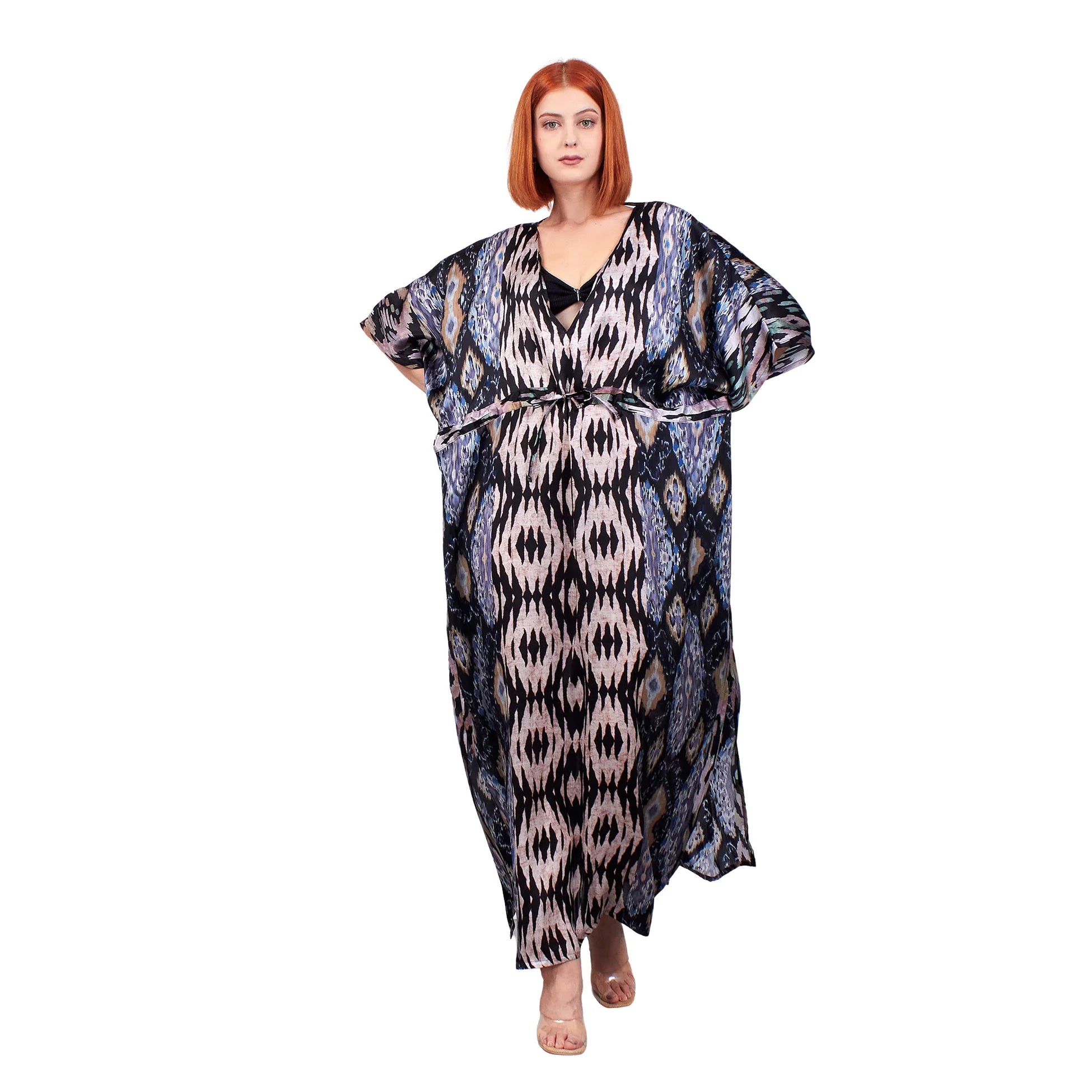 %100 İpek Kimono Kaftan Elbise | Etnik İkat Desen | Nomads Felt