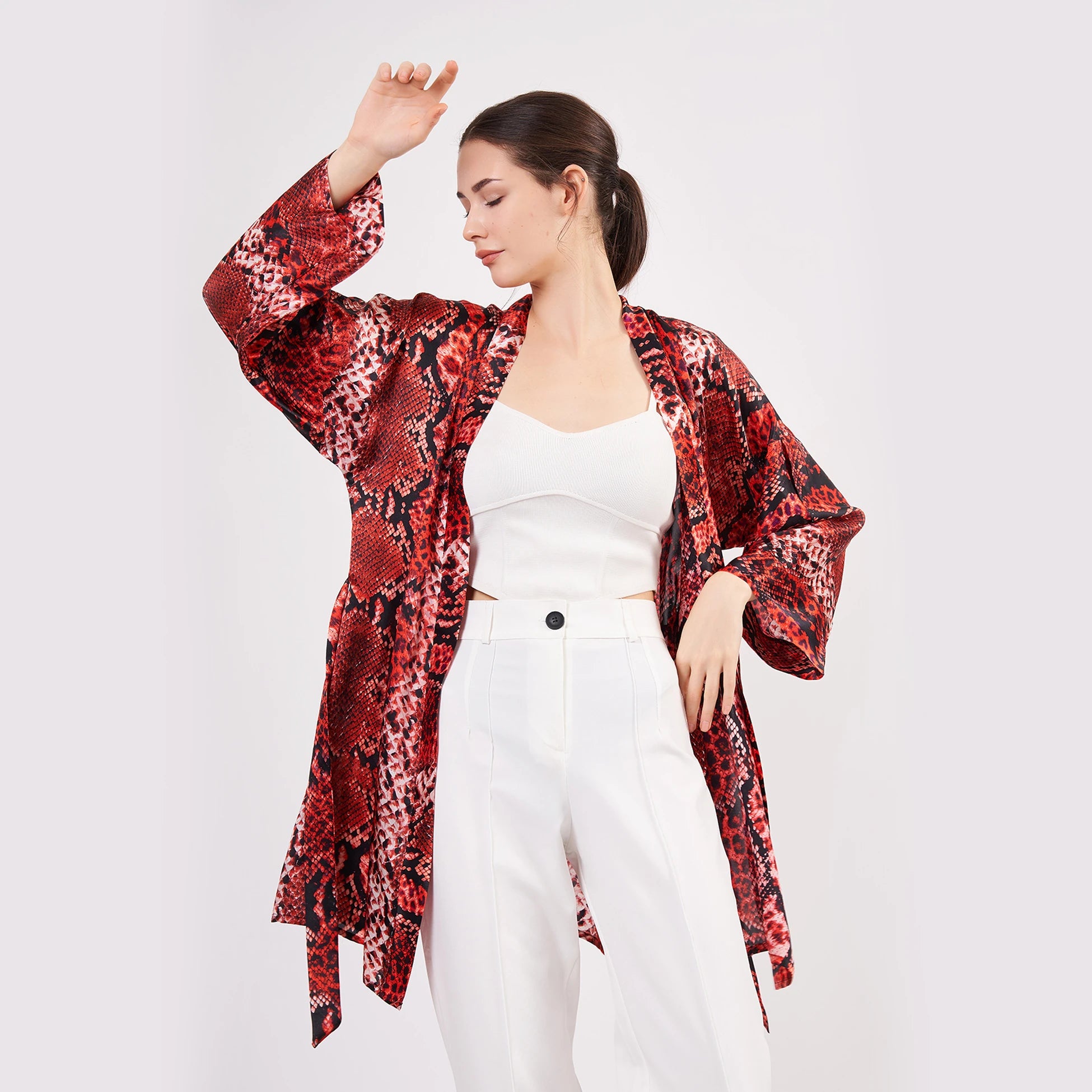 Saf İpek Kısa Kimono Kaftan | Yılan Derisi Desen Kırmızı | Nomads Felt