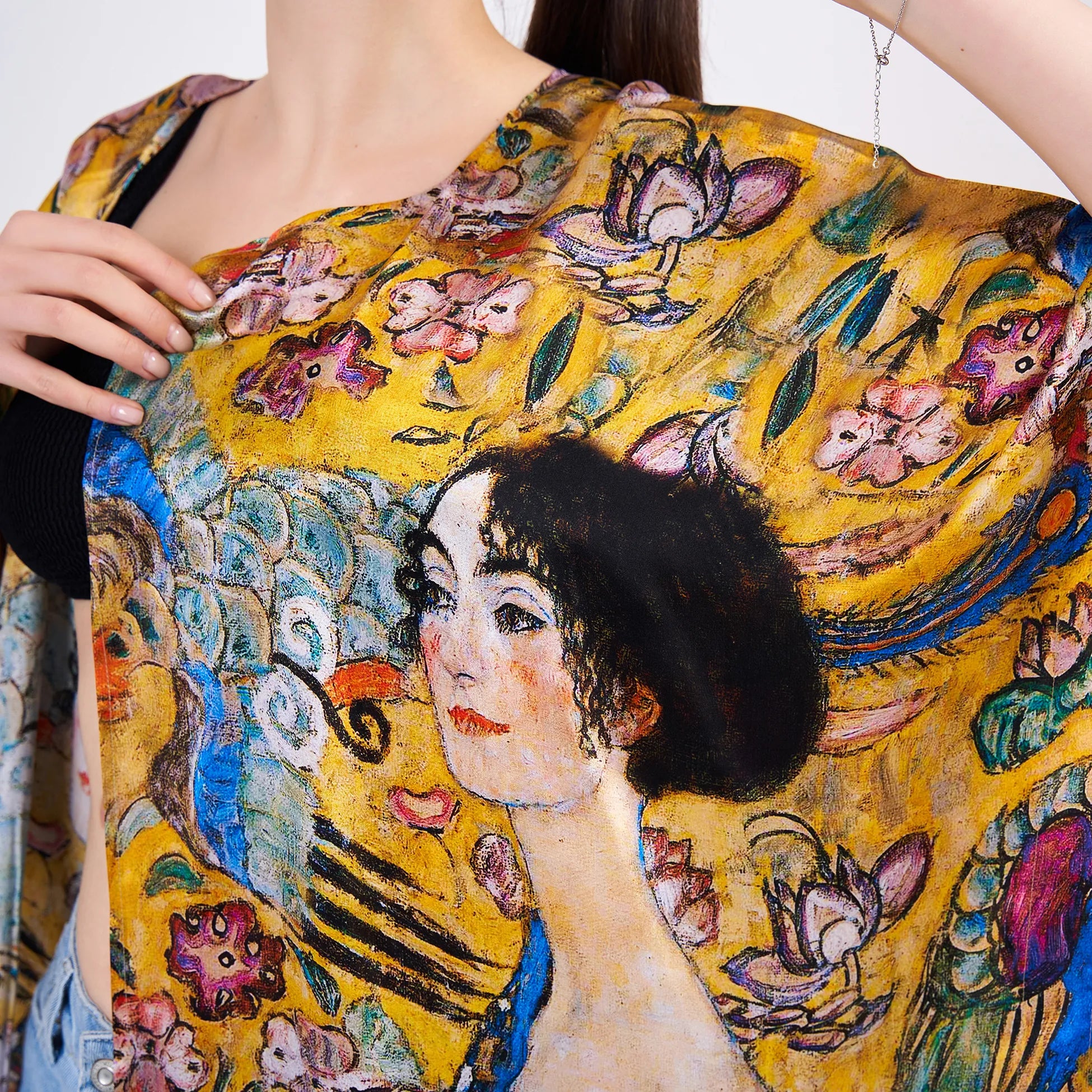 %100 İpek Kısa Kimono Pareo | Gustav Klimt Lady with Fan-Yelpazeli Kadın | Nomads Felt