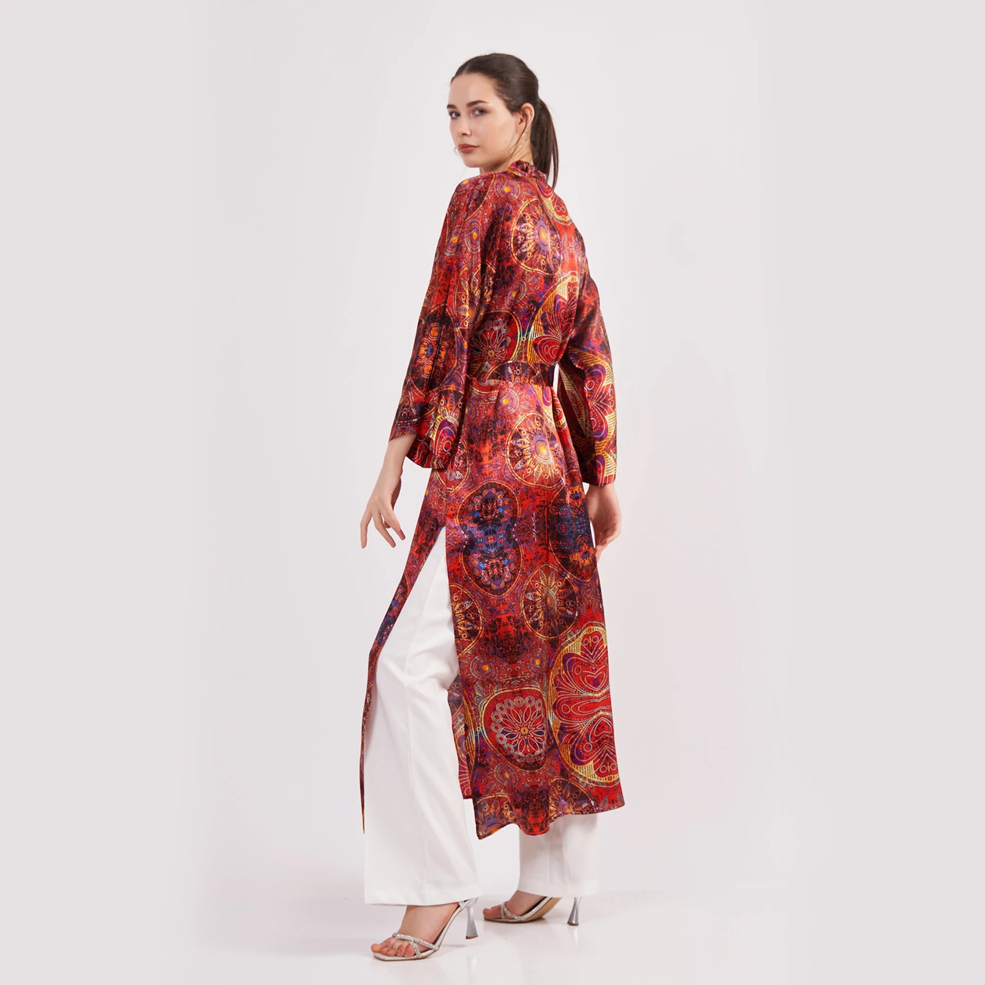 %100 İpek Kimono Kaftan | Kırmızı Mandala Desen | Nomads Felt