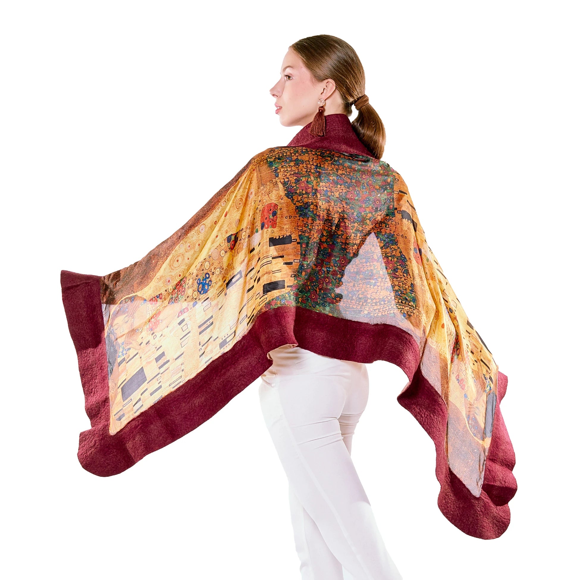 İpek Keçe Şal | Gustav Klimt The Kiss Bordo Camel | Nomads Felt