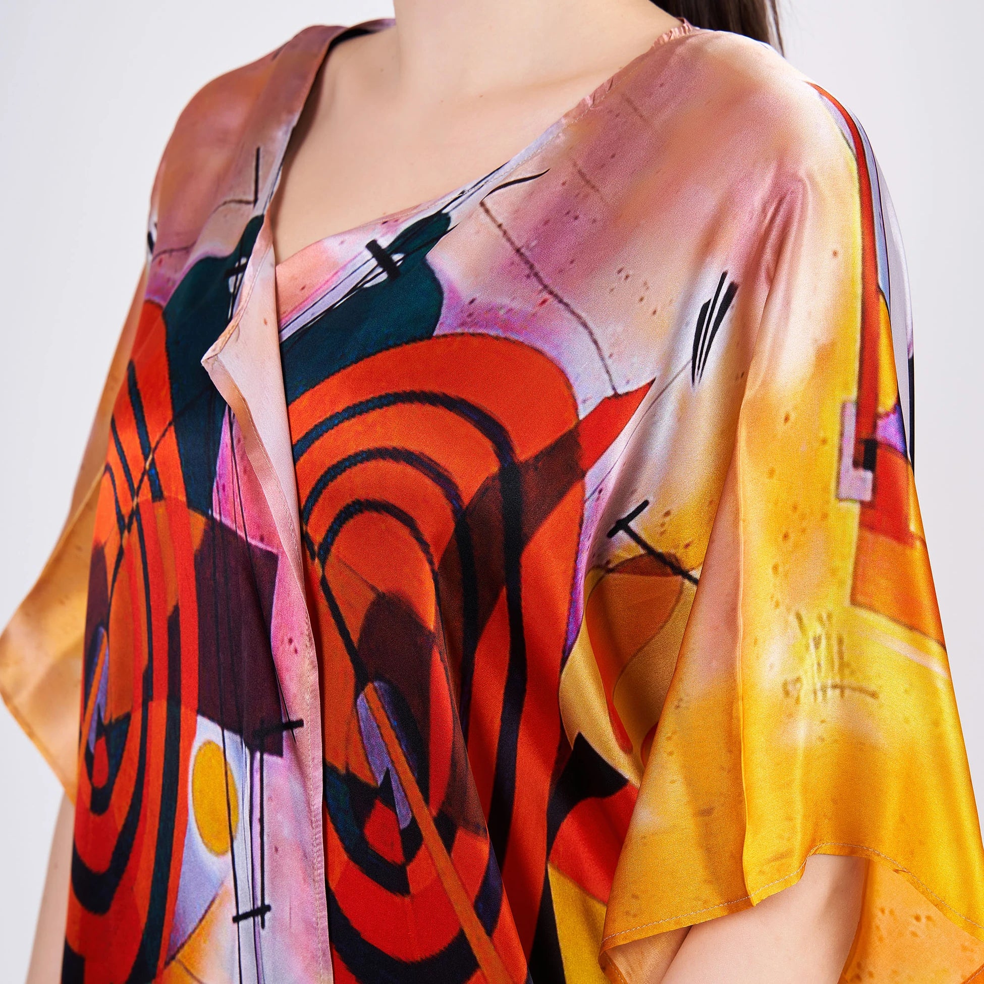 %100 İpek Kısa Kimono Pareo | Kandinsky Composition II | Nomads Felt