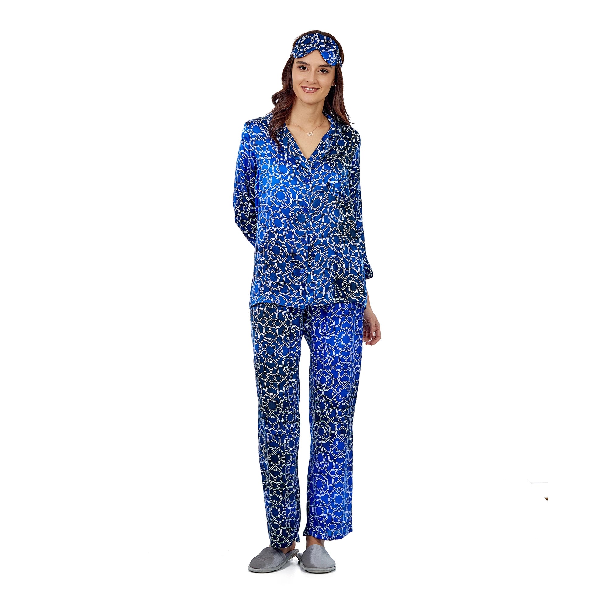 %100 İpek Gömlek-Pantolon / Pijama Takımı | Mavi-Lacivert Desenli | Nomads Felt