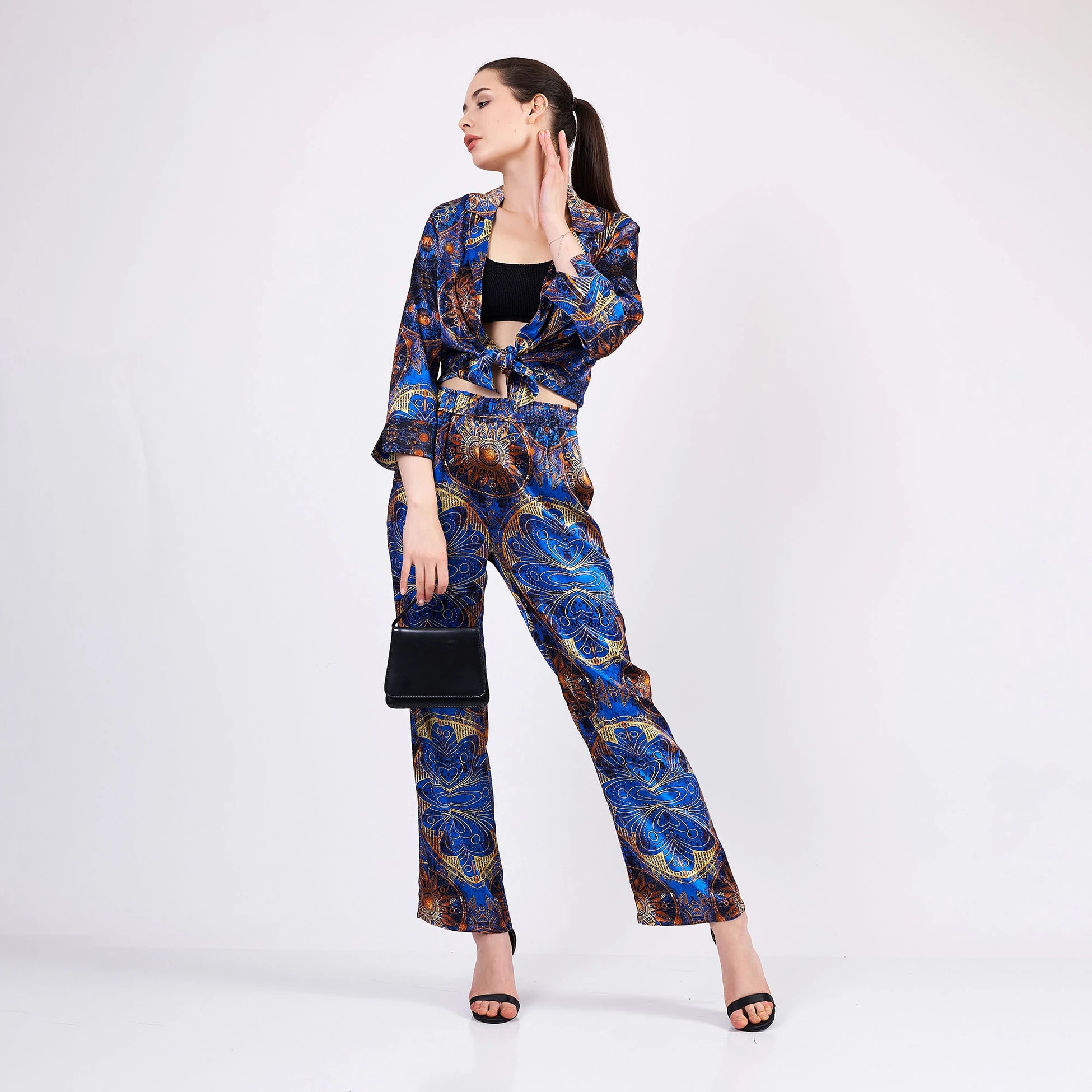 Saf İpek Gömlek-Pantolon-Pijama Takımı | Mandala Desen Saks Mavi | Nomads Felt