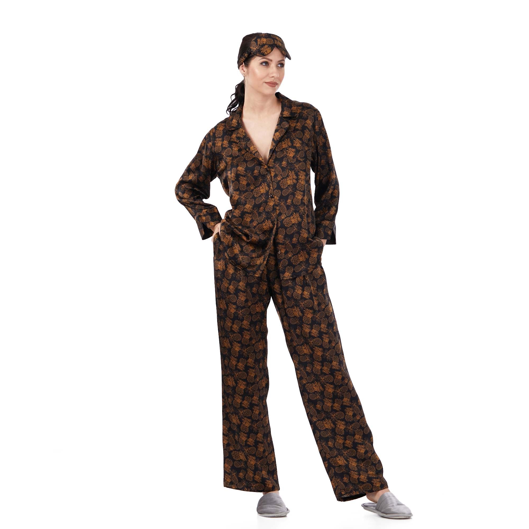 %100 İpek Gömlek-Pantolon-Pijama Takımı | Ananas Desen | Nomads Felt