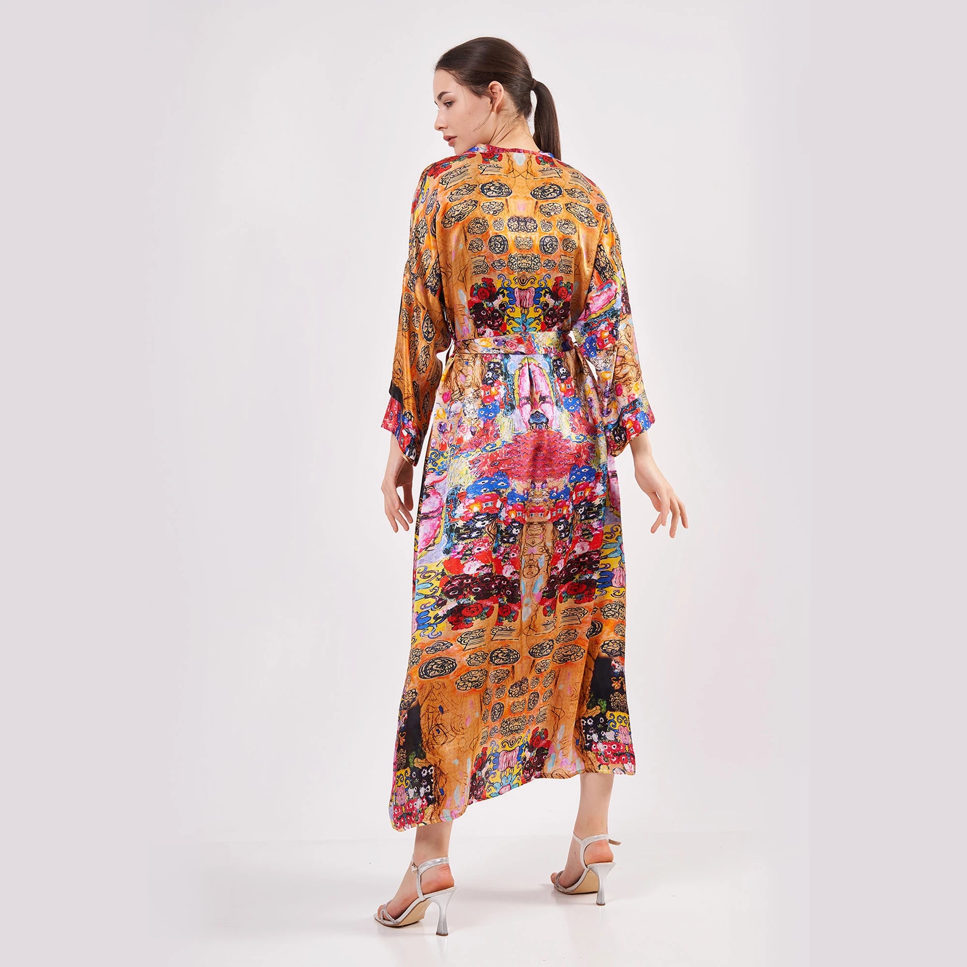 %100 İpek Uzun Kimono Kaftan | Çiçek Desen | Nomads Felt