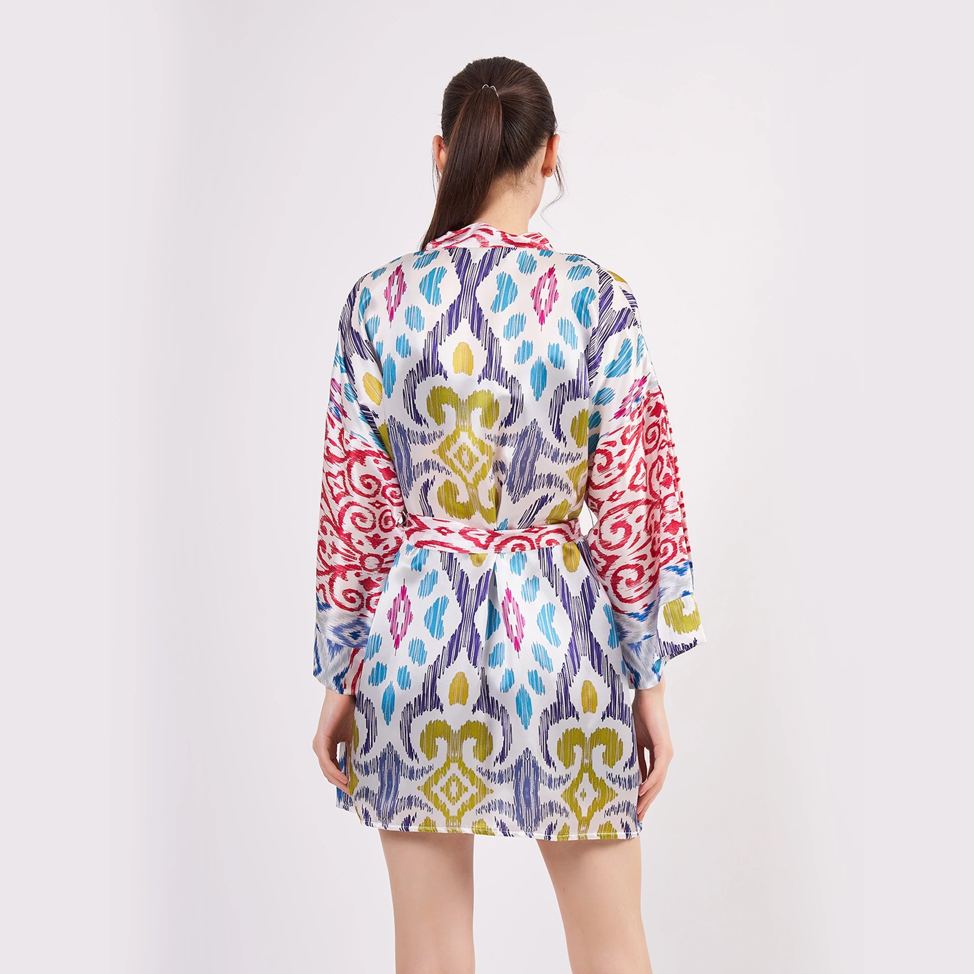 Saf İpek Kısa Kimono Kaftan | Ikat Desen 2 | Nomads Felt