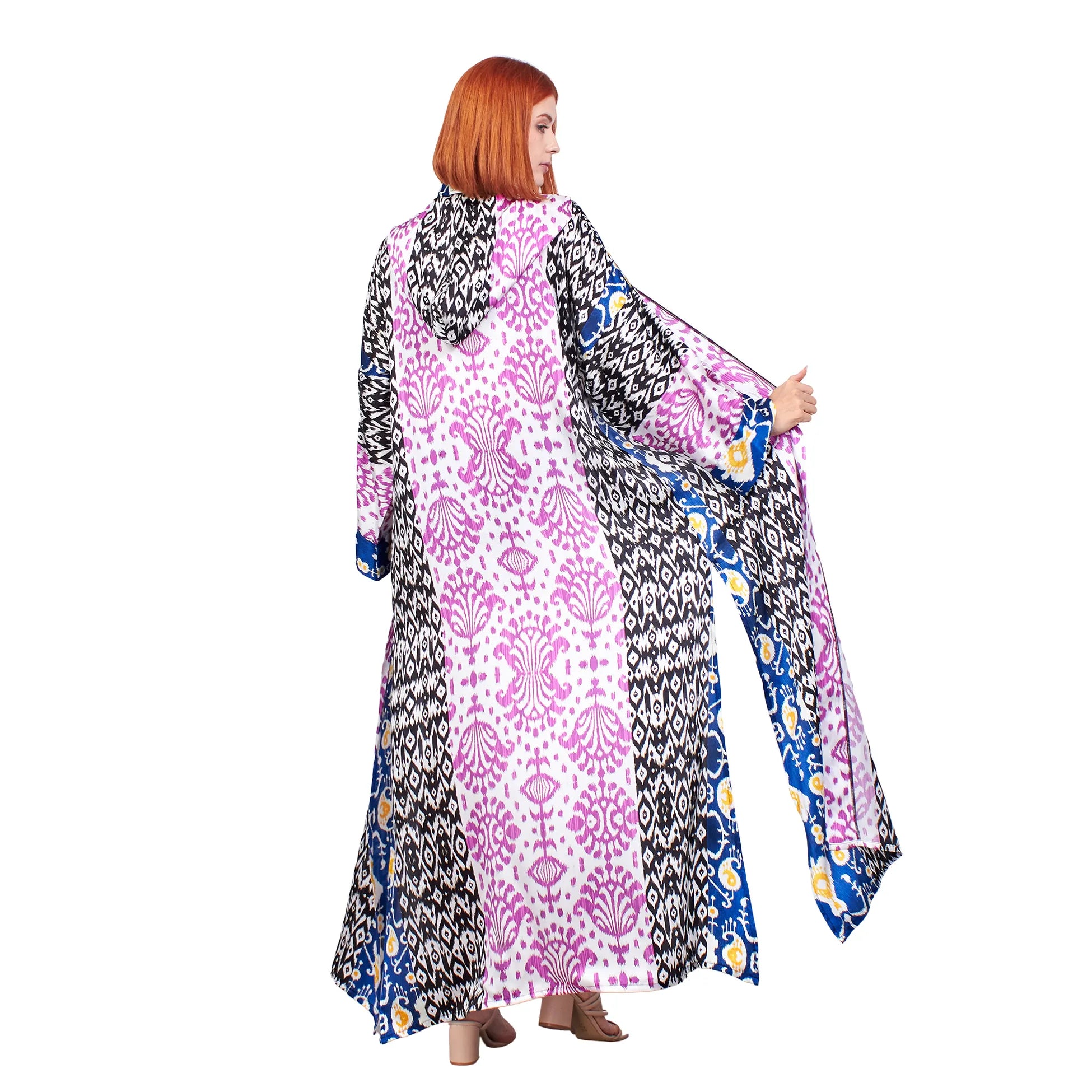%100 İpek Kapüşonlu Kimono |Pembe İkat Desen 2 | Nomads Felt