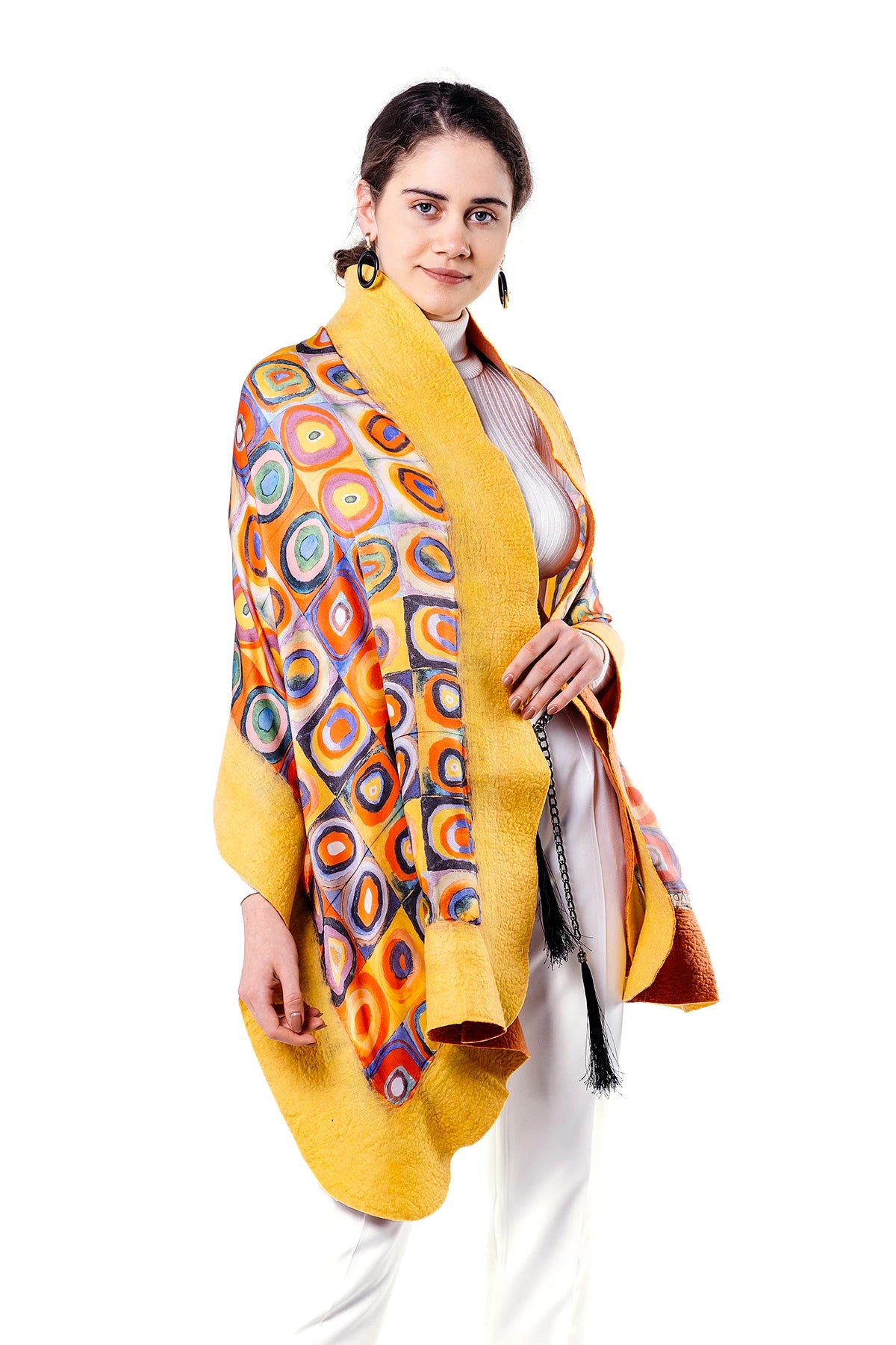 İpek Keçe Şal | Kandinsky Squares with Circles Sarı | Nomads Felt