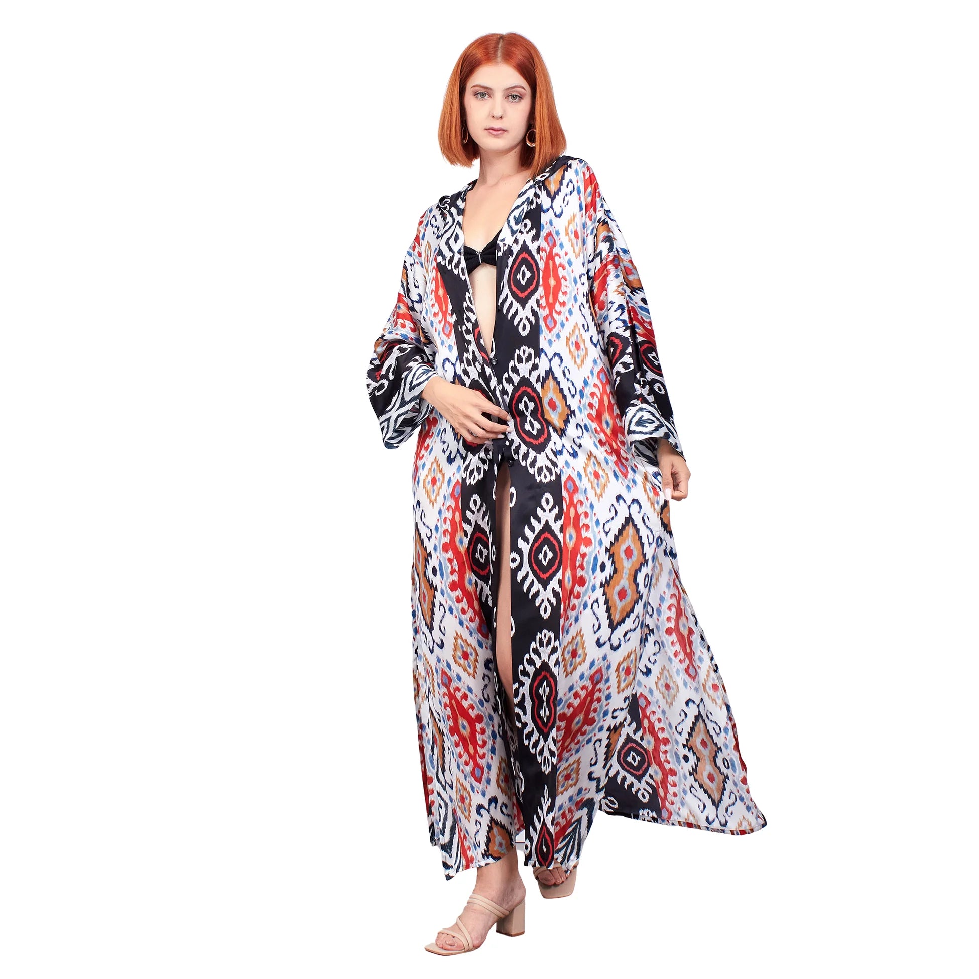 %100 İpek Kapüşonlu Kimono | Siyah İkat Desen 5 | Nomads Felt