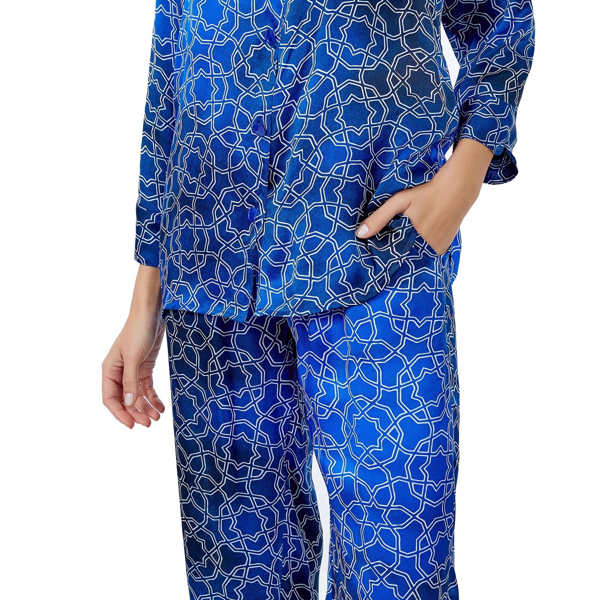 %100 İpek Gömlek-Pantolon / Pijama Takımı | Mavi-Lacivert Desenli | Nomads Felt