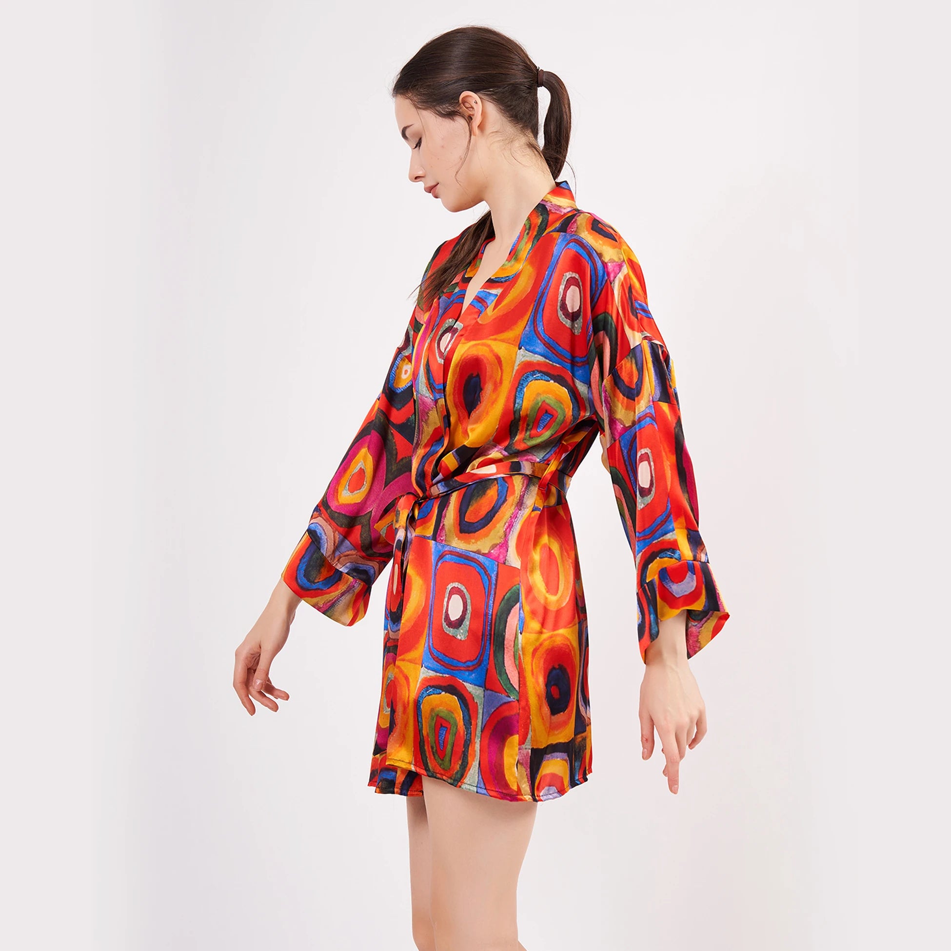 Saf İpek Kısa Kimono Kaftan | Kandinsky Squares with Circles | Nomads Felt
