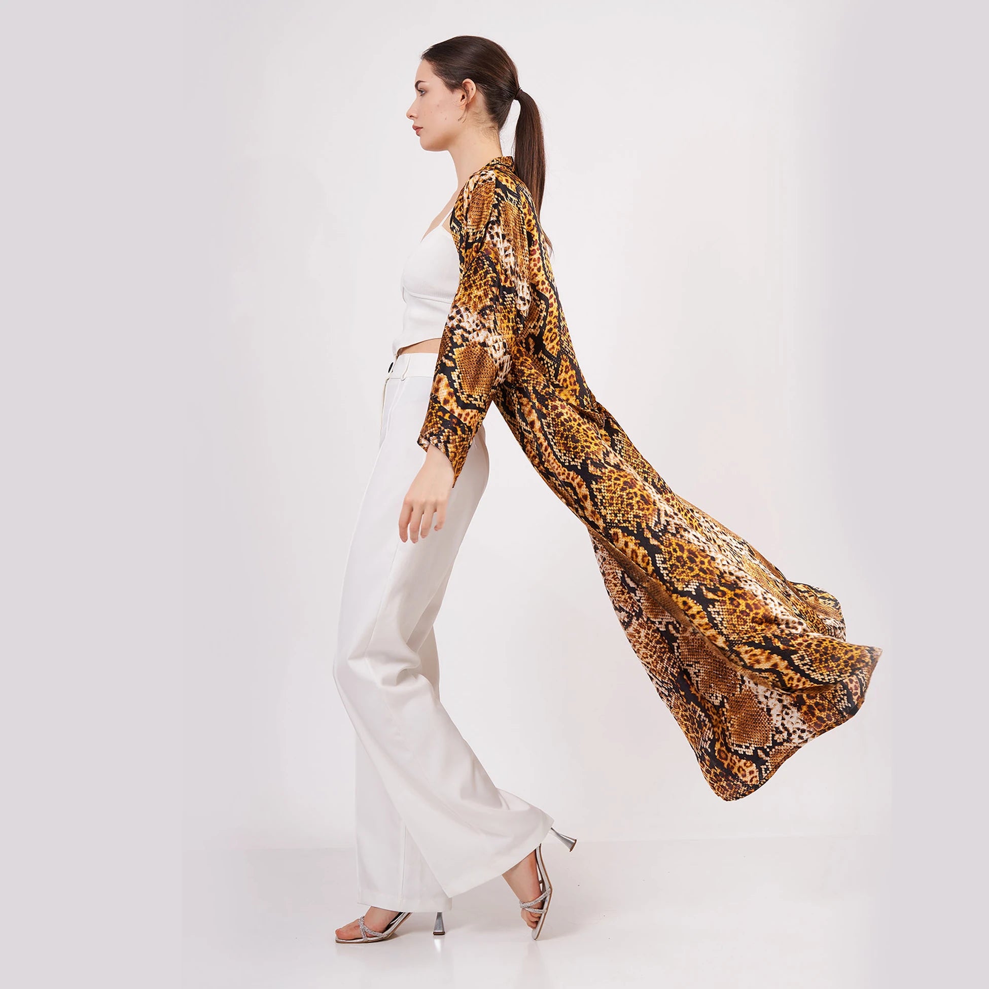 %100 İpek Uzun Kimono | Gold-Kahve | Yılan Derisi Desen | Nomads Felt