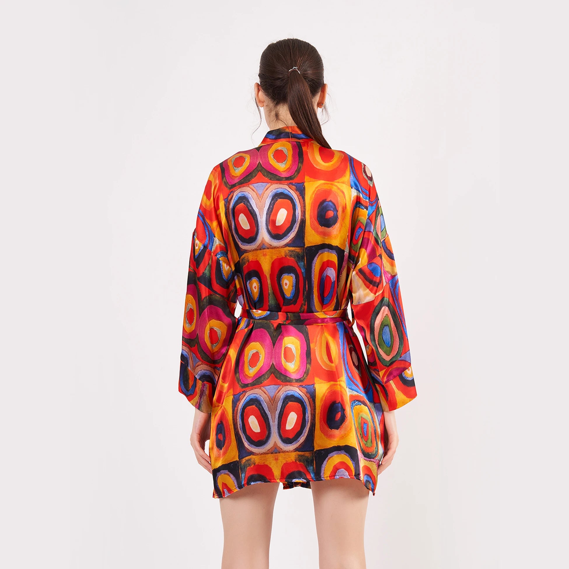 Saf İpek Kısa Kimono Kaftan | Kandinsky Squares with Circles | Nomads Felt