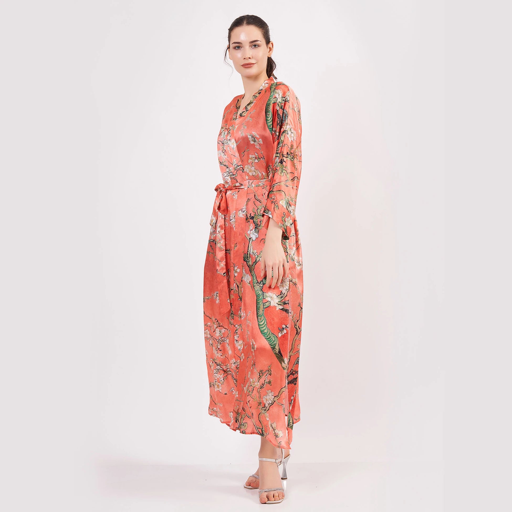 %100 İpek Kimono Kaftan | Nar Çiçeği | Van Gogh Badem Ağacı | Nomads Felt