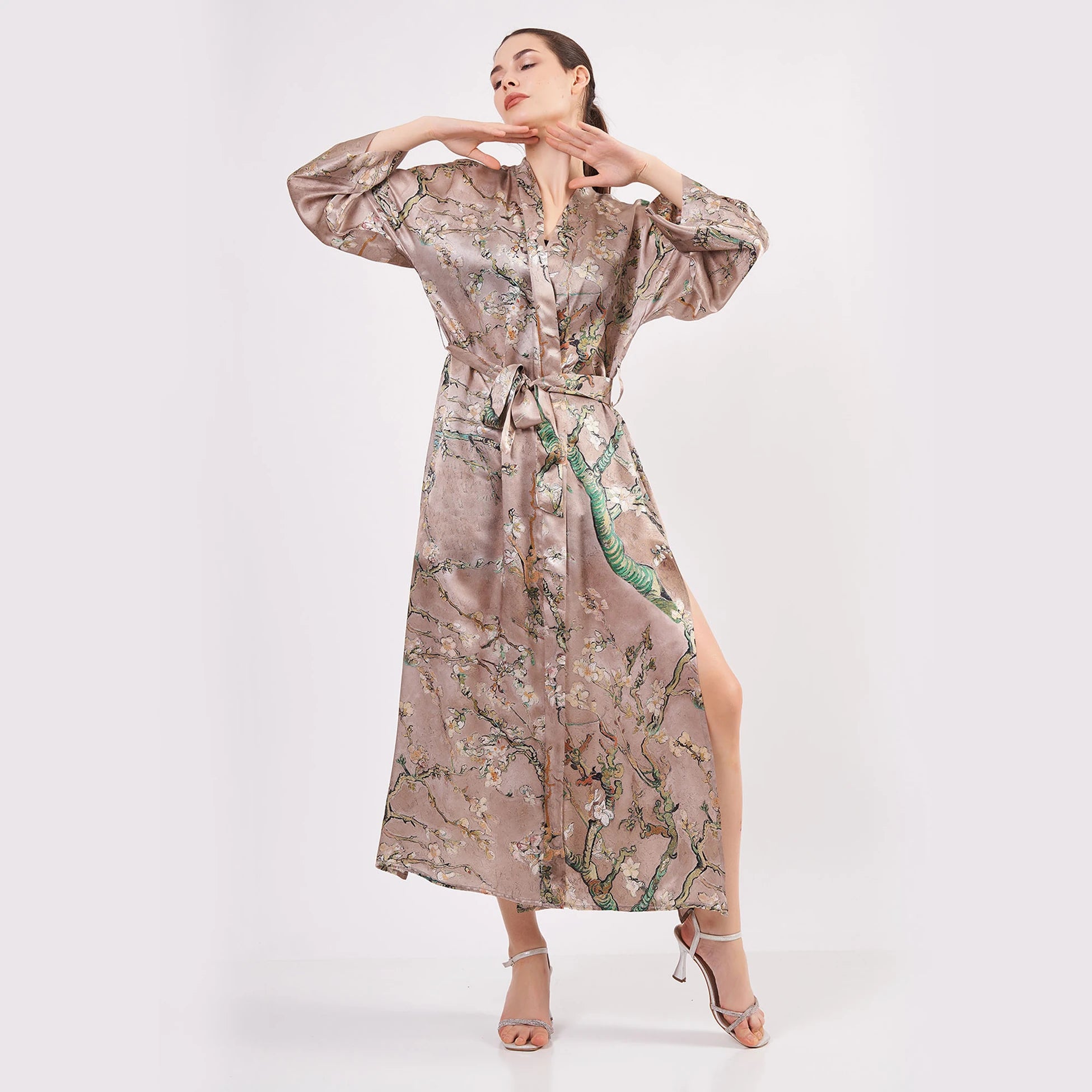 %100 İpek Kimono Kaftan | Bej | Van Gogh Badem Ağacı | Nomads Felt