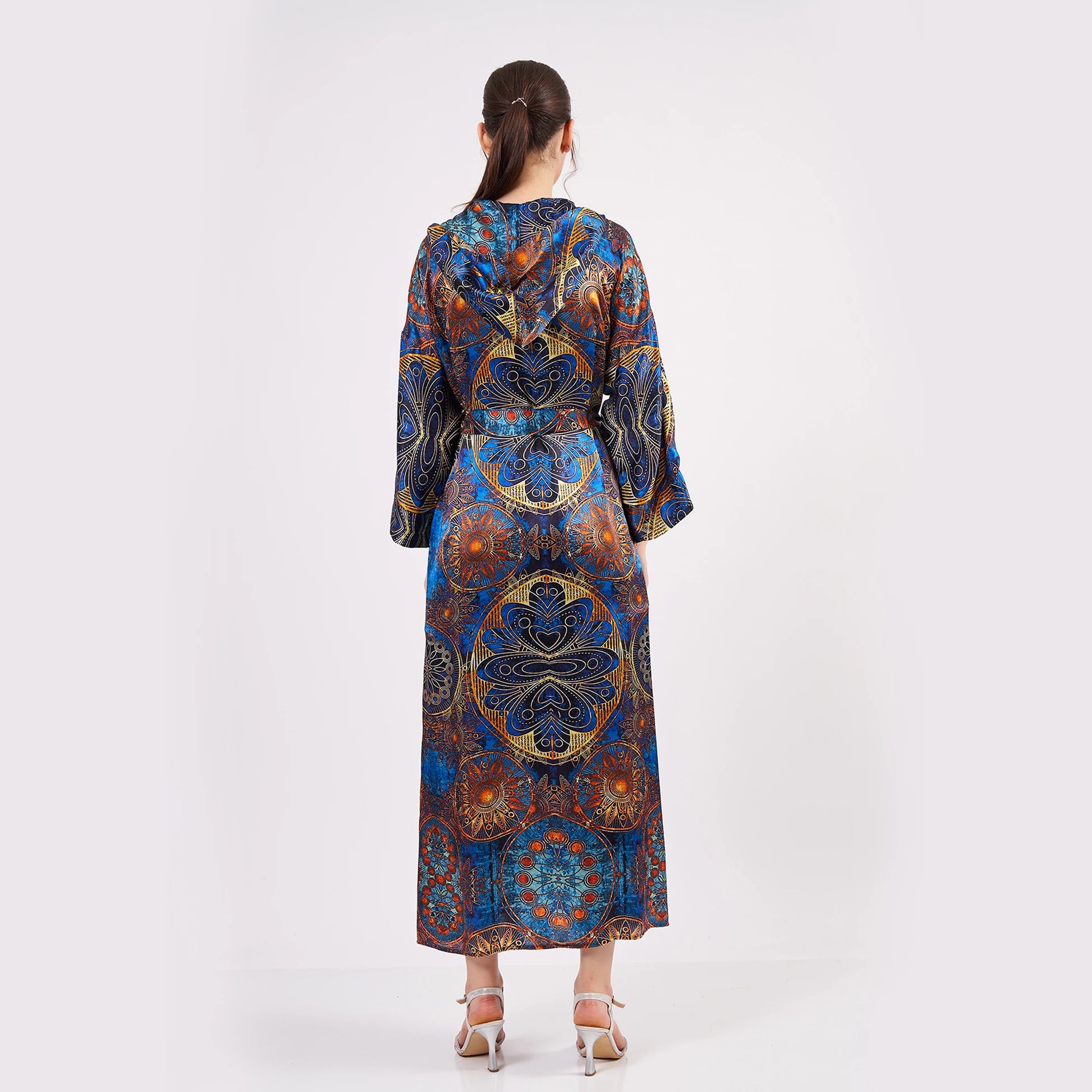 Saf İpek Kapüşonlu Kimono Kaftan | Mandala Desen Mavi | Nomads Felt