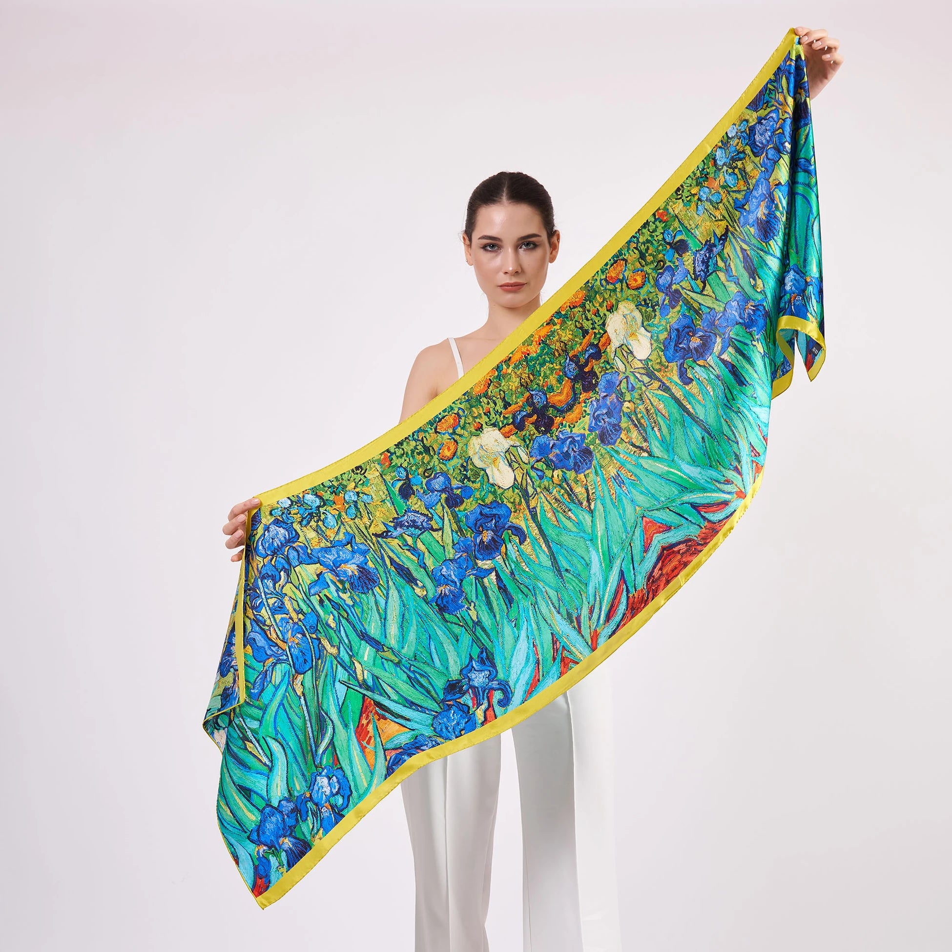 Saf İpek Fular | 55x180 cm | Yeşil Desenli | Nomads Felt