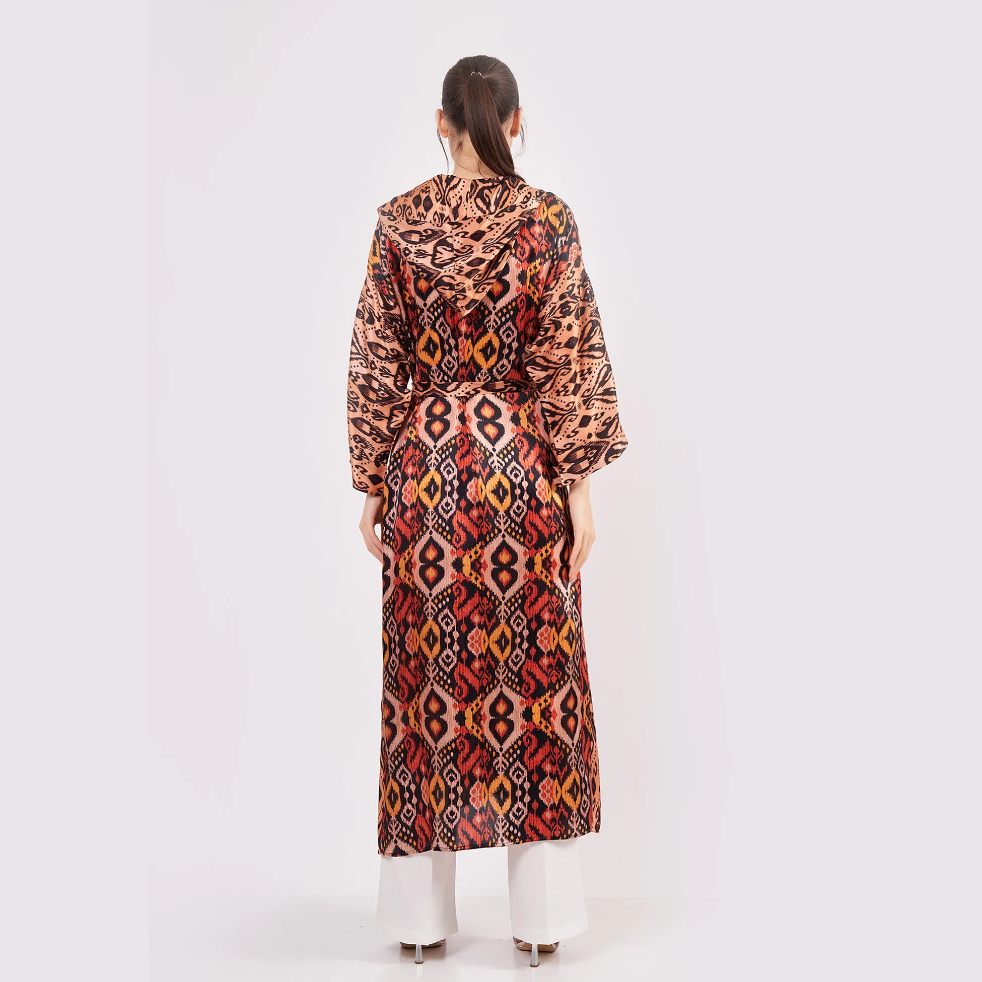 Saf İpek Kapüşonlu Kimono Kaftan İkat Desen 17 | Nomads Felt