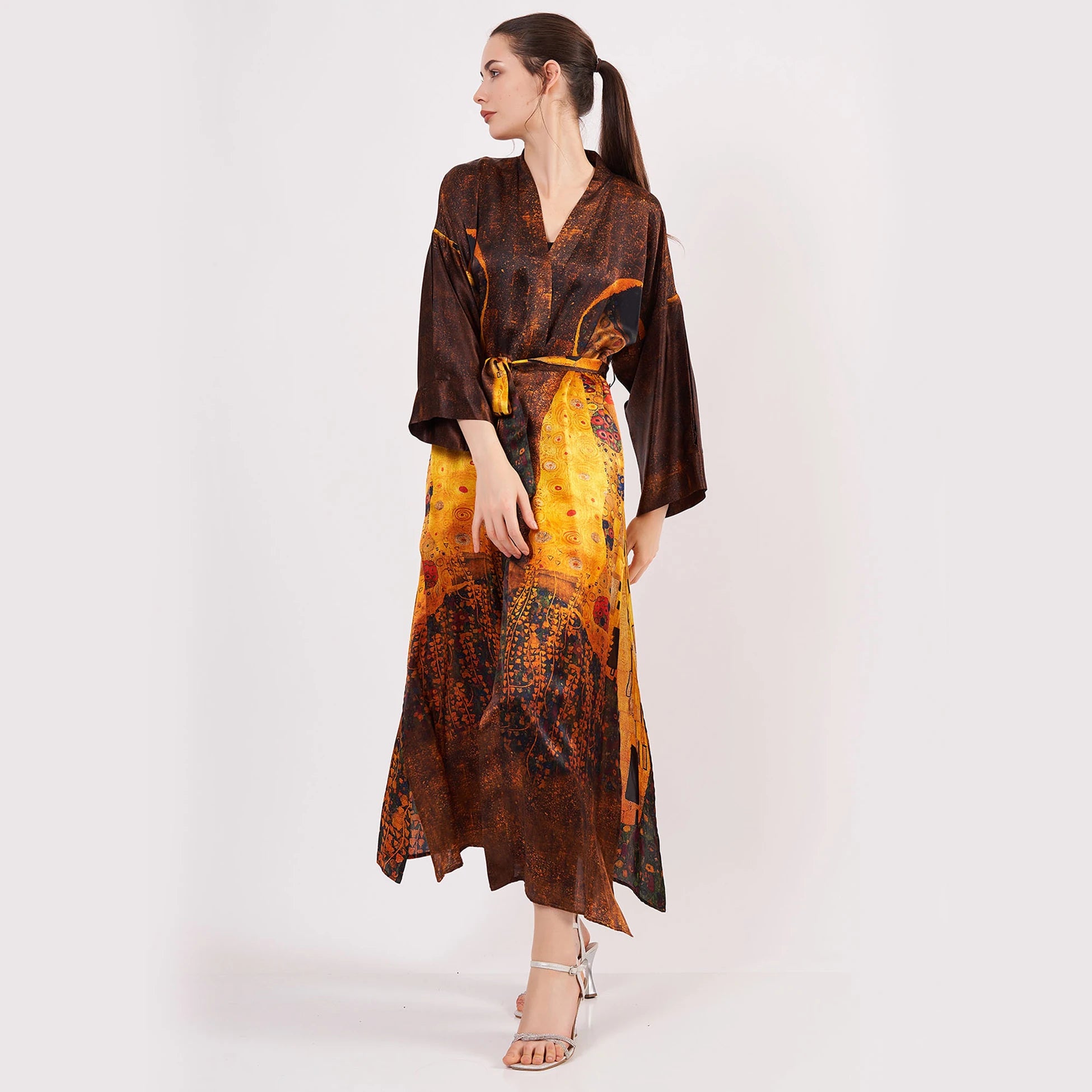 %100 İpek Kimono Kaftan | Gustav Klimt The Kiss | Nomads Felt