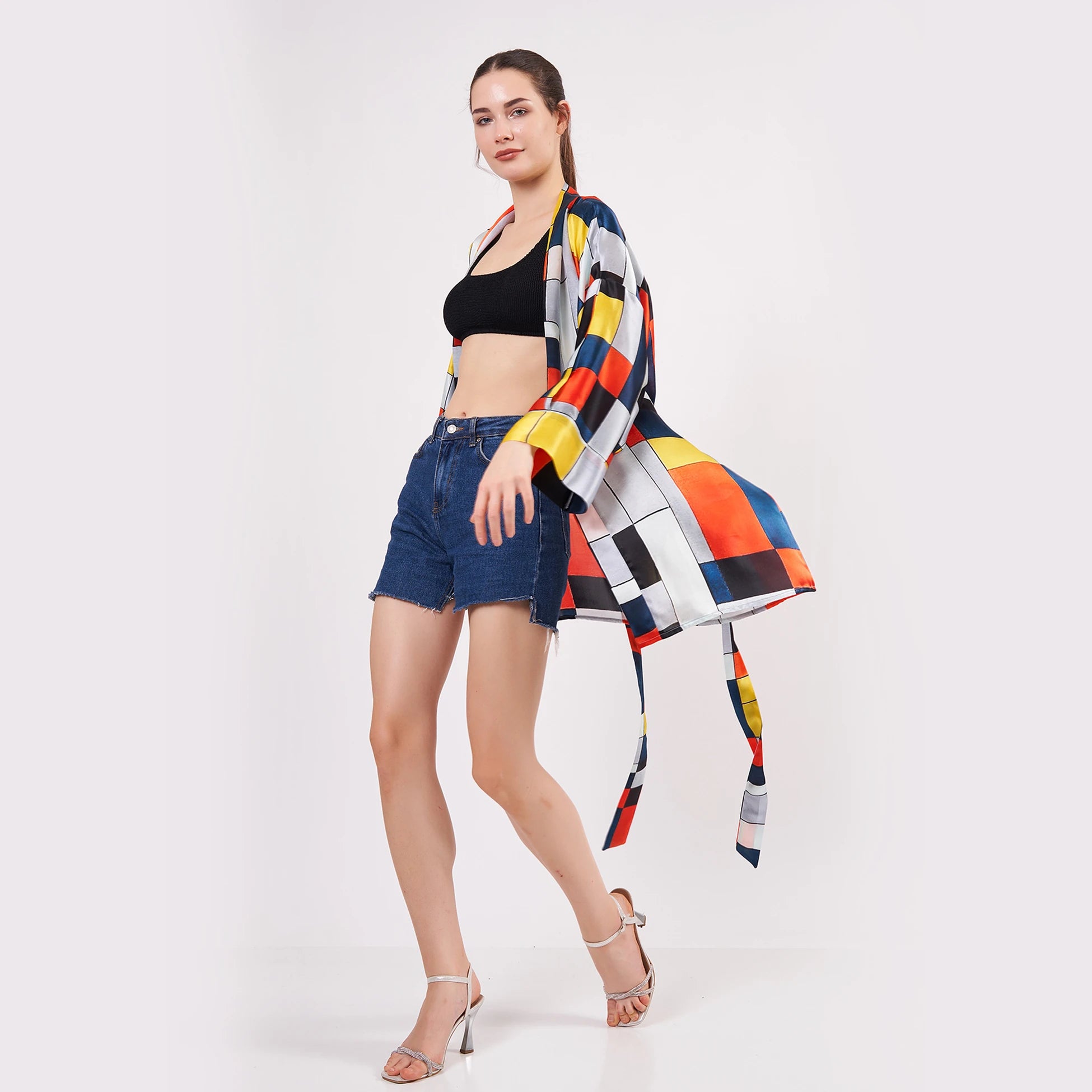 Saf İpek Kısa Kimono Kaftan | Geometrik Desen | Nomads Felt