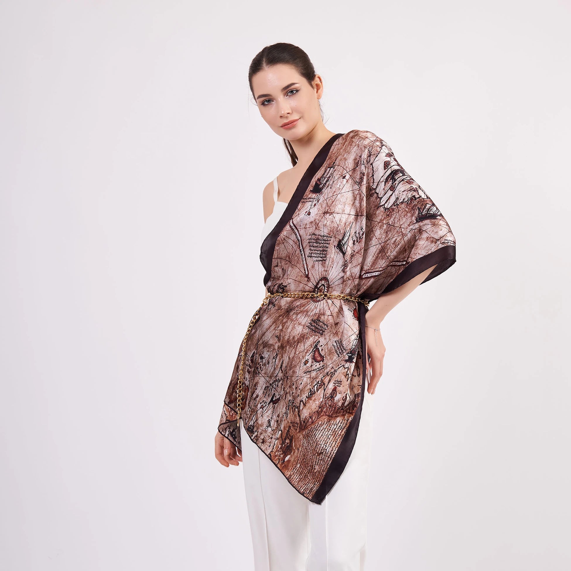 Saf İpek Fular | 55x180 cm | Piri Reis Haritası | Nomads Felt