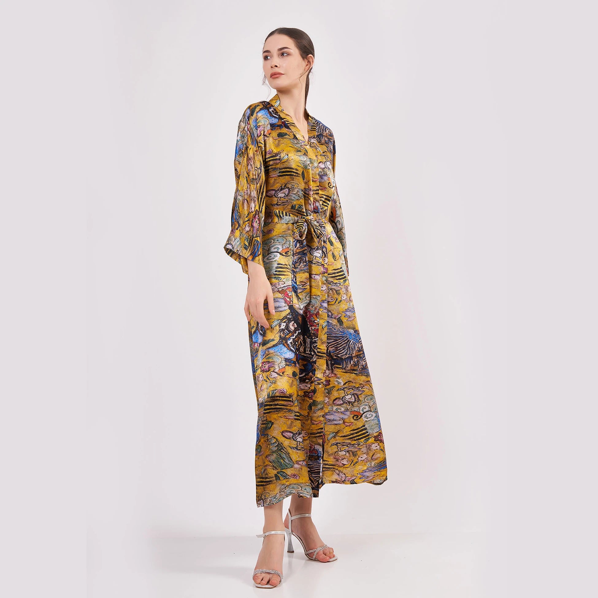 %100 İpek Uzun Kimono Kaftan | Gold Desenli | Nomads Felt