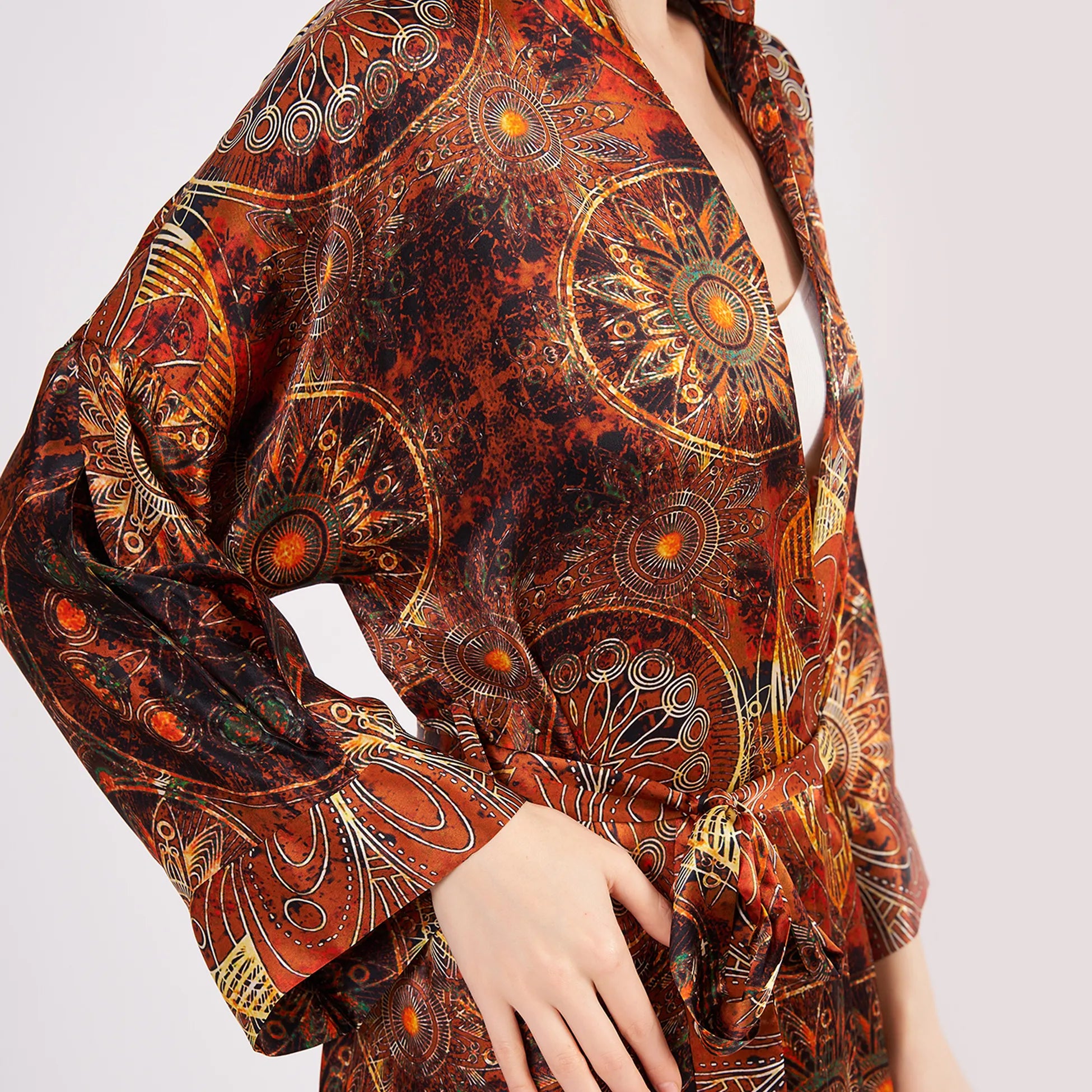 İpek Kapüşonlu Kimono Kaftan | Mandala Desen Kahverengi | Nomads Felt