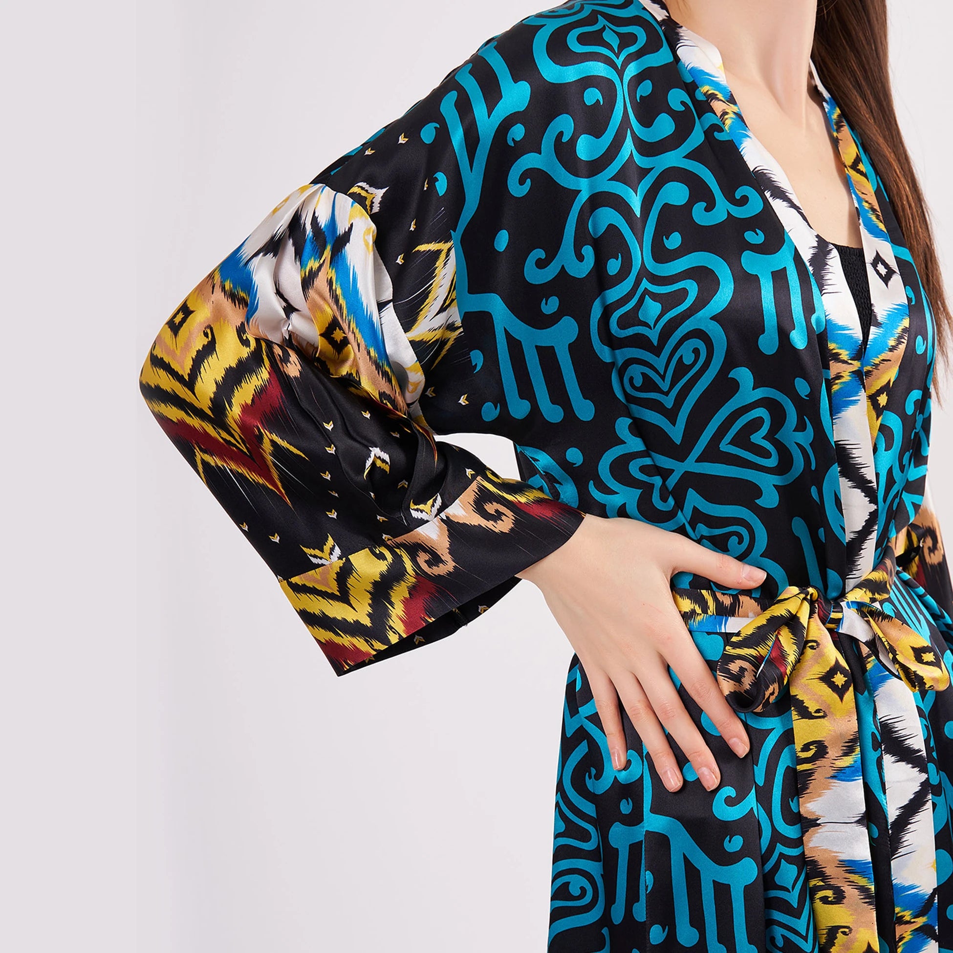 %100 İpek Uzun Kimono Kaftan | İkat Desen Turkuaz | Nomads Felt
