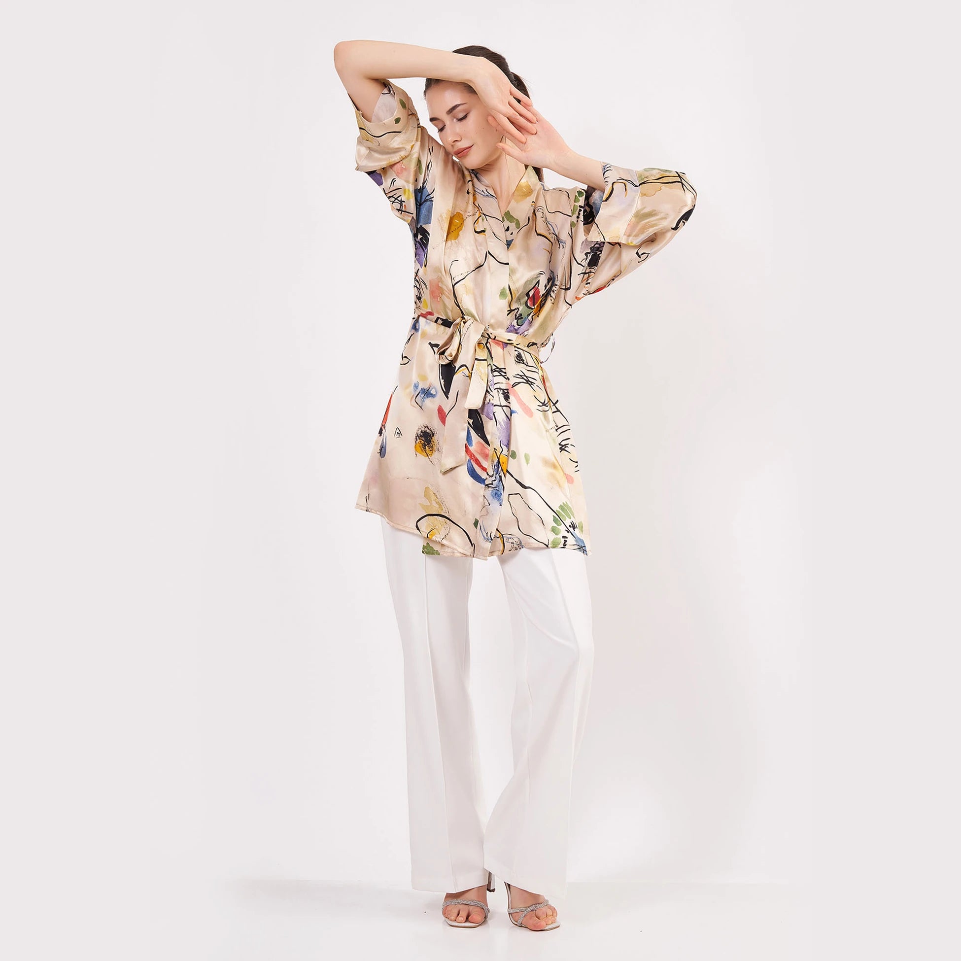 Saf İpek Kısa Kimono Kaftan | Kandinsky Composition | Nomads Felt