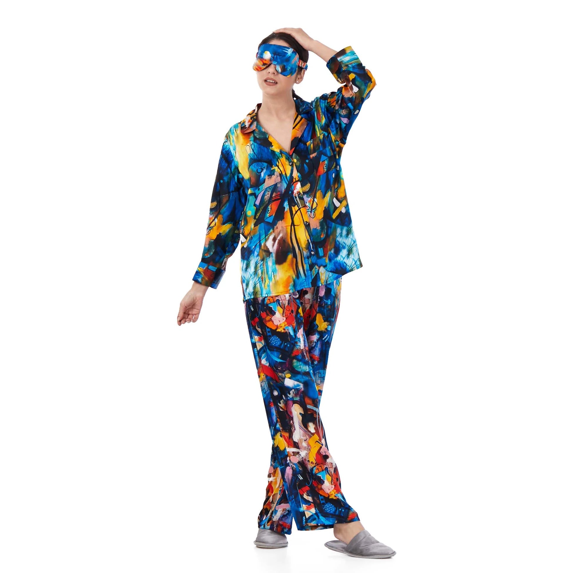 İpek Gömlek Pantolon-Pijama Takımı | Abstract Desen 10 | Nomads Felt
