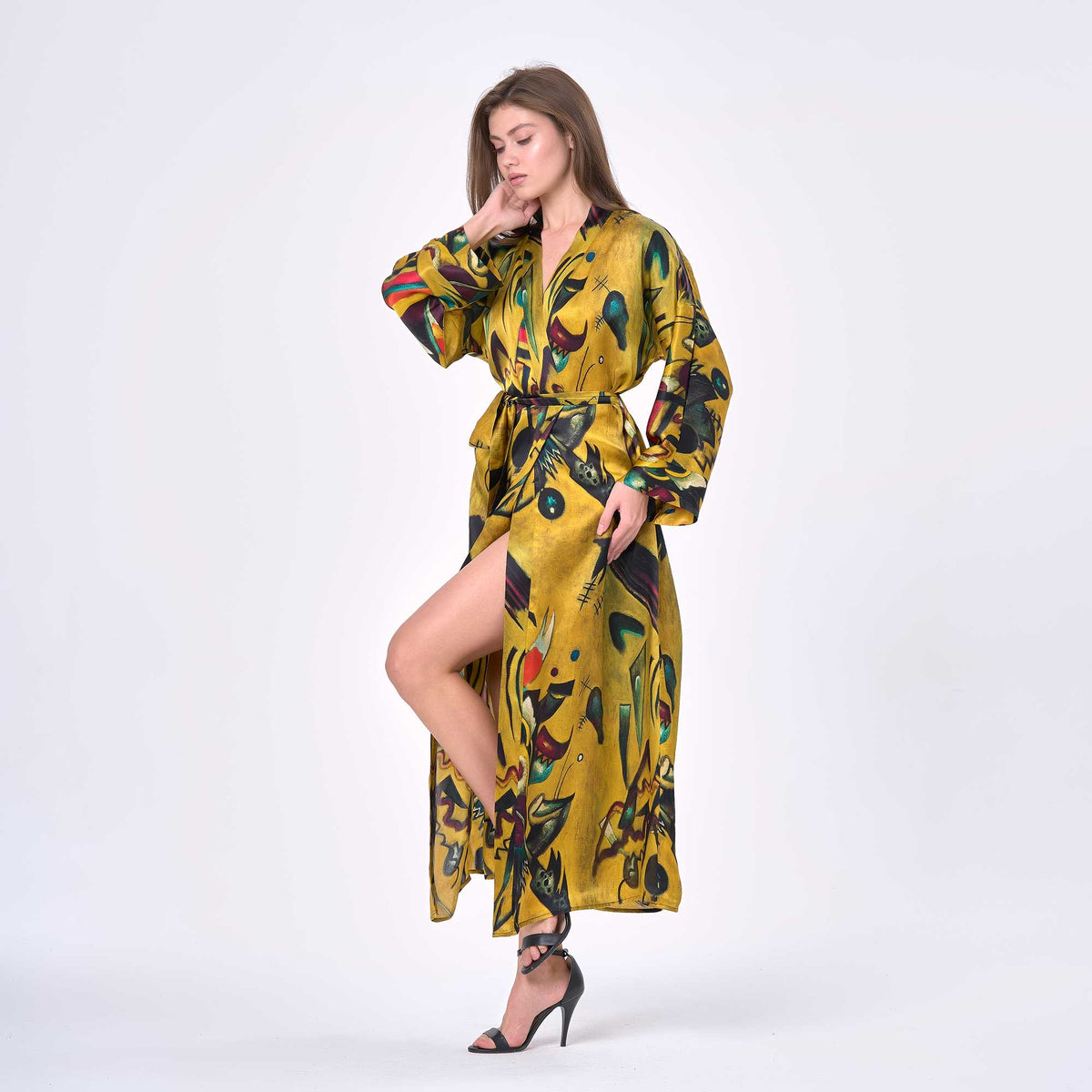 %100 İpek Uzun Kimono Kaftan | Point And Line Desenli