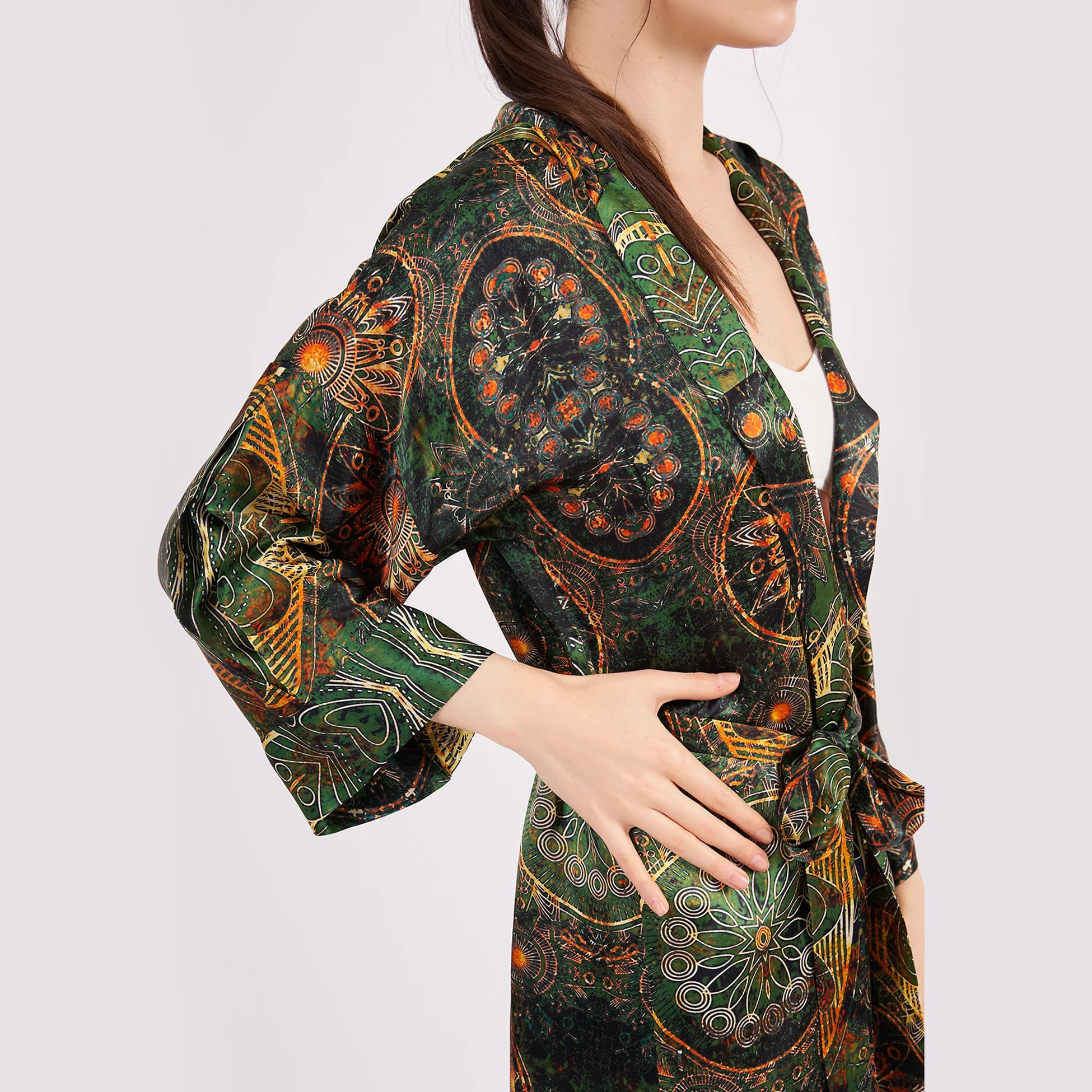Saf İpek Kapüşonlu Kimono Kaftan | Mandala Desen Haki | Nomads Felt