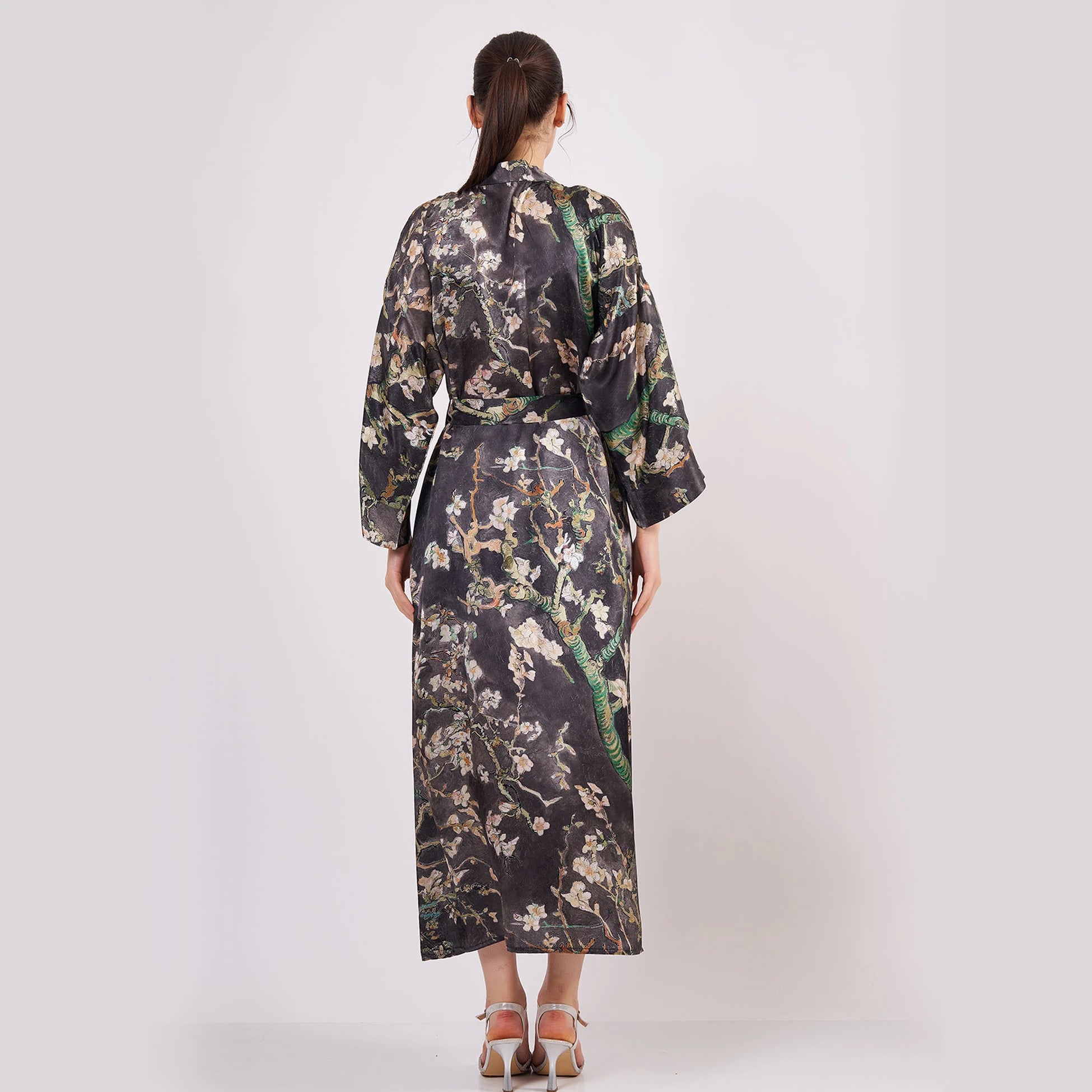 %100 İpek Kimono Kaftan | Antrasit | Van Gogh Badem Ağacı | Nomads Felt