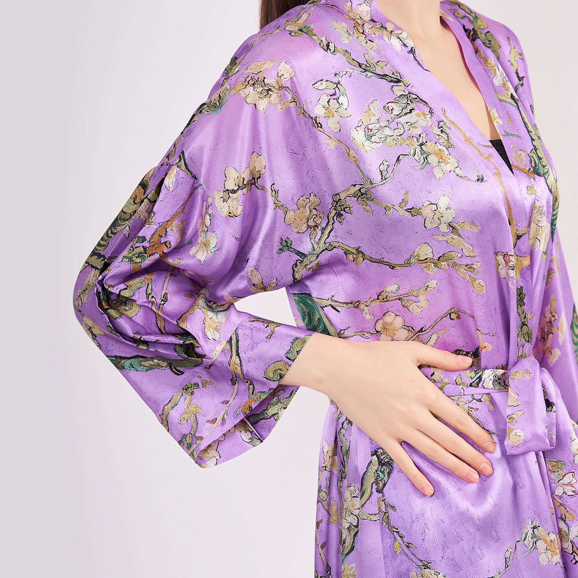 Saf İpek Uzun Kimono Kaftan | Mor Van Gogh Badem Ağacı | Nomads Felt