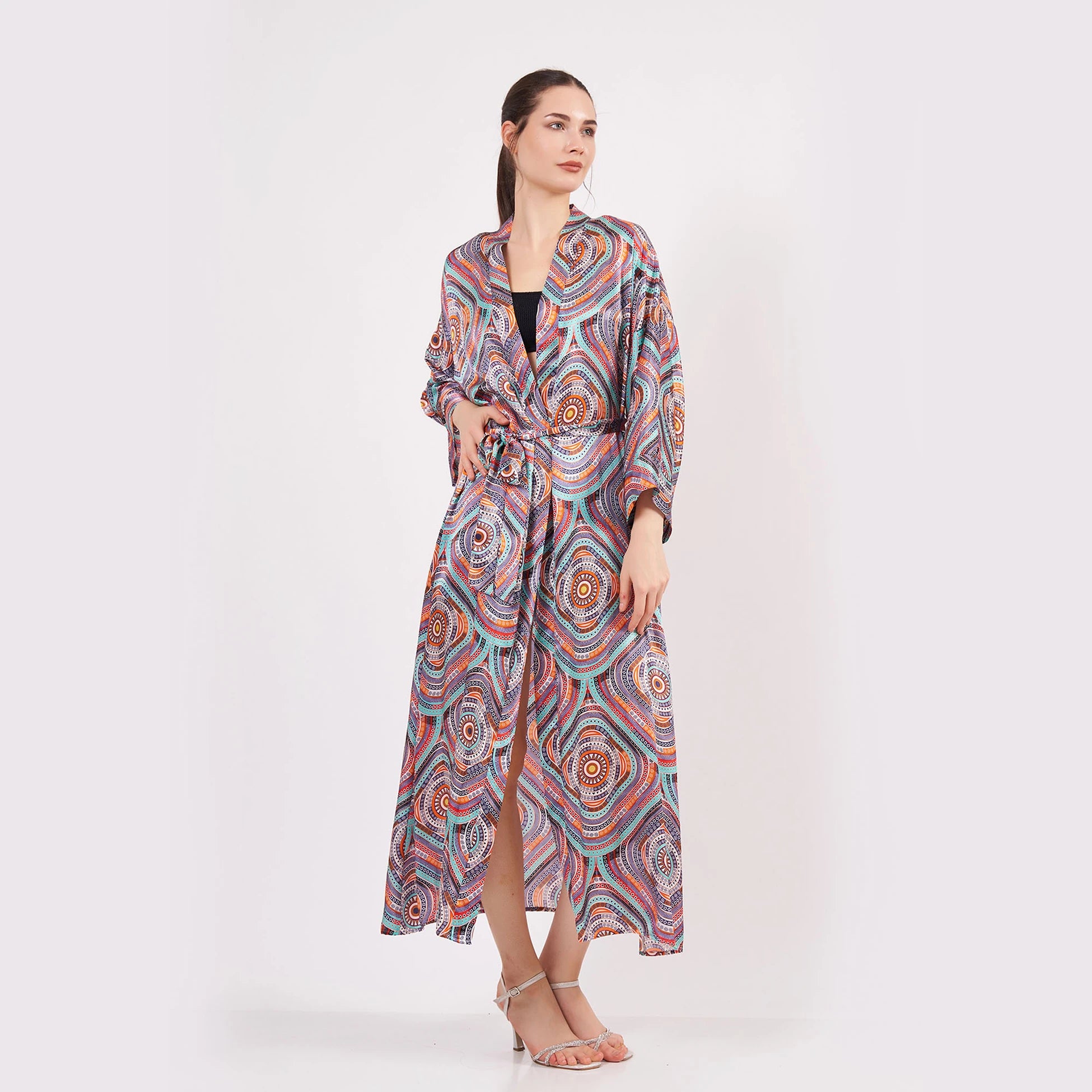 %100 İpek Uzun Kimono Kaftan | Mandala 2 | Nomads Felt