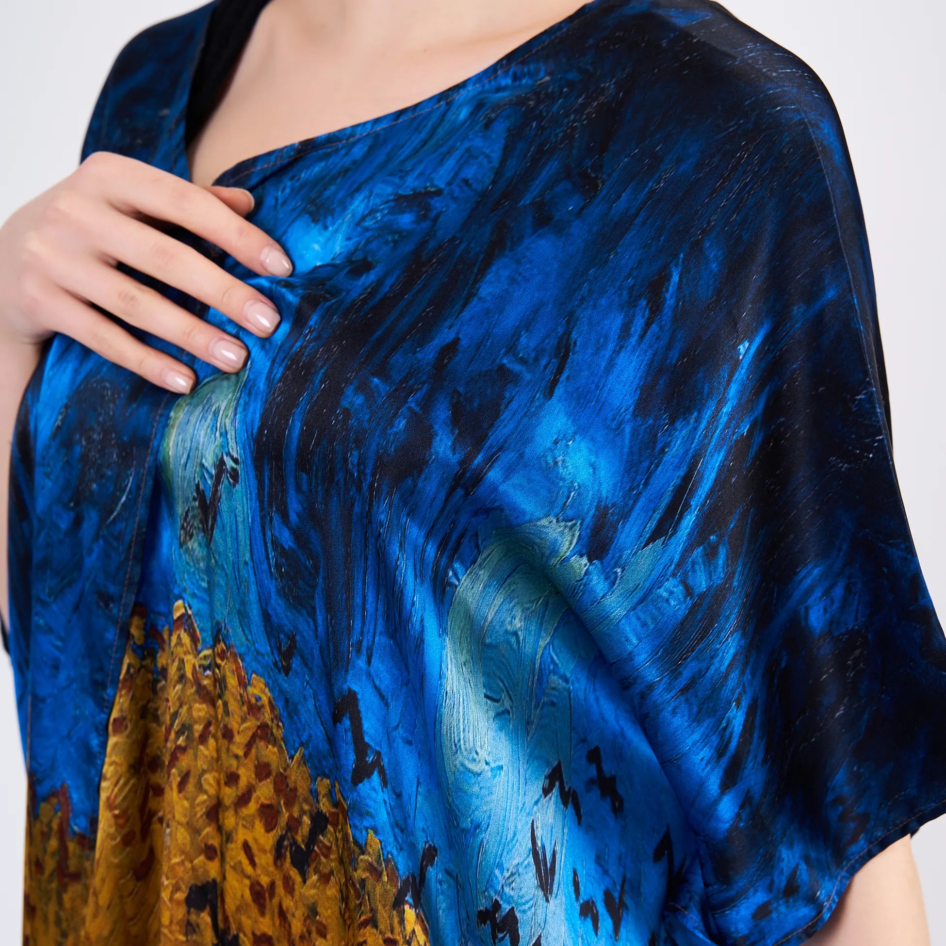 %100 İpek Kısa Kimono Pareo | Van Gogh Wheatfield with Crows | Nomads Felt