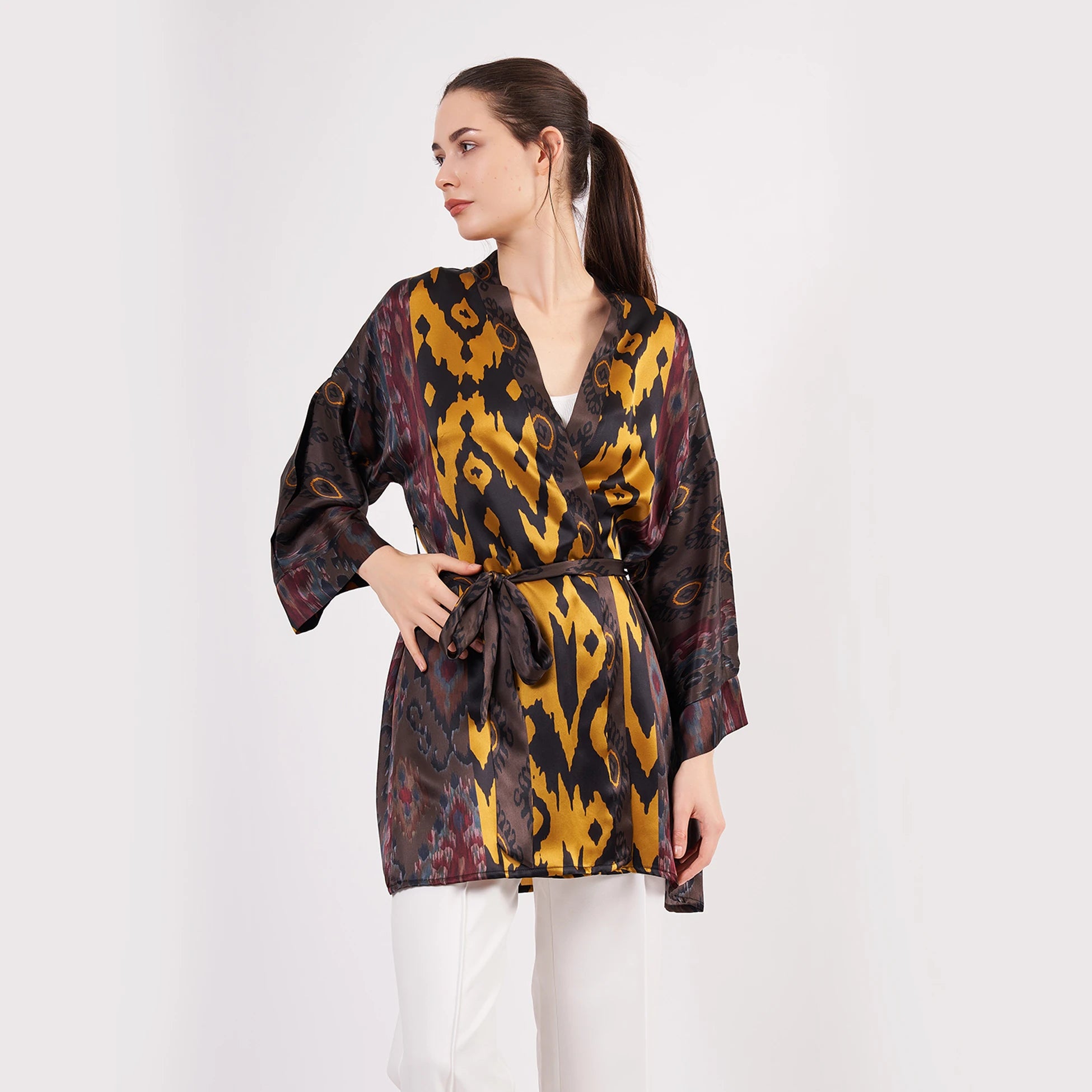 Saf İpek Kısa Kimono Kaftan | Ikat Desen 9 | Nomads Felt