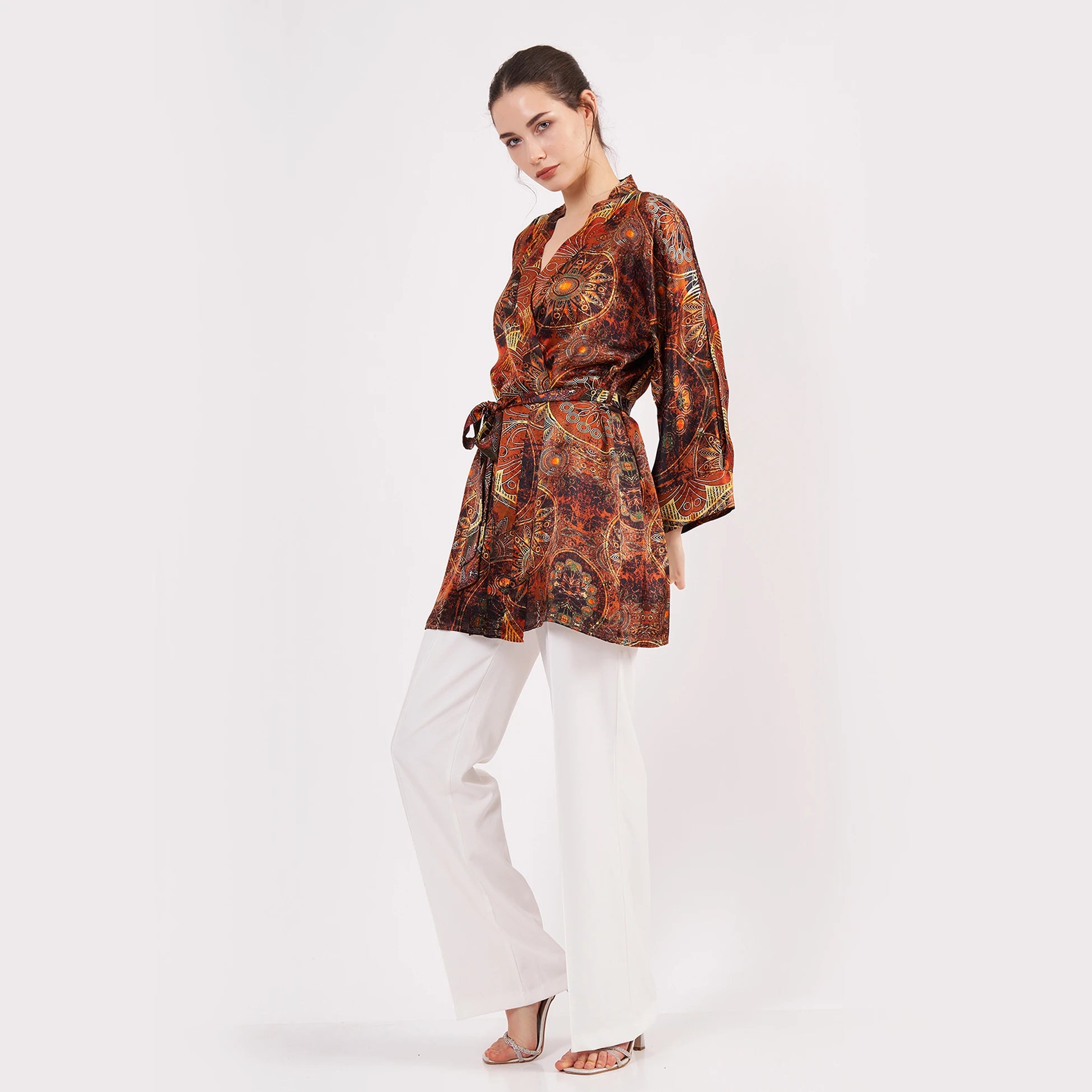 Saf İpek Kısa Kimono Kaftan | Mandala Desen 6 Kahverengi | Nomads Felt