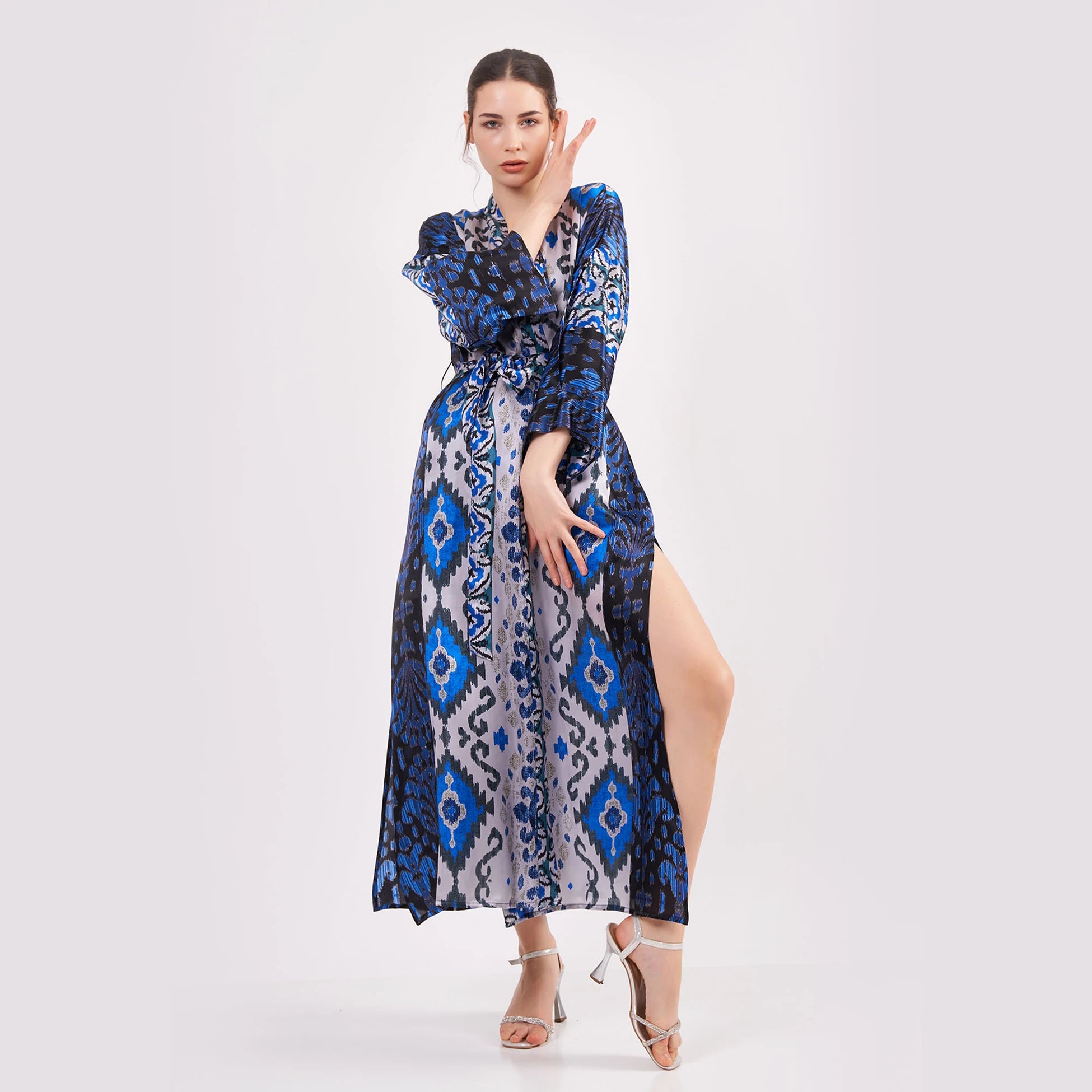 %100 İpek Uzun Kimono Kaftan | Ikat Desen Koyu Mavi | Nomads Felt