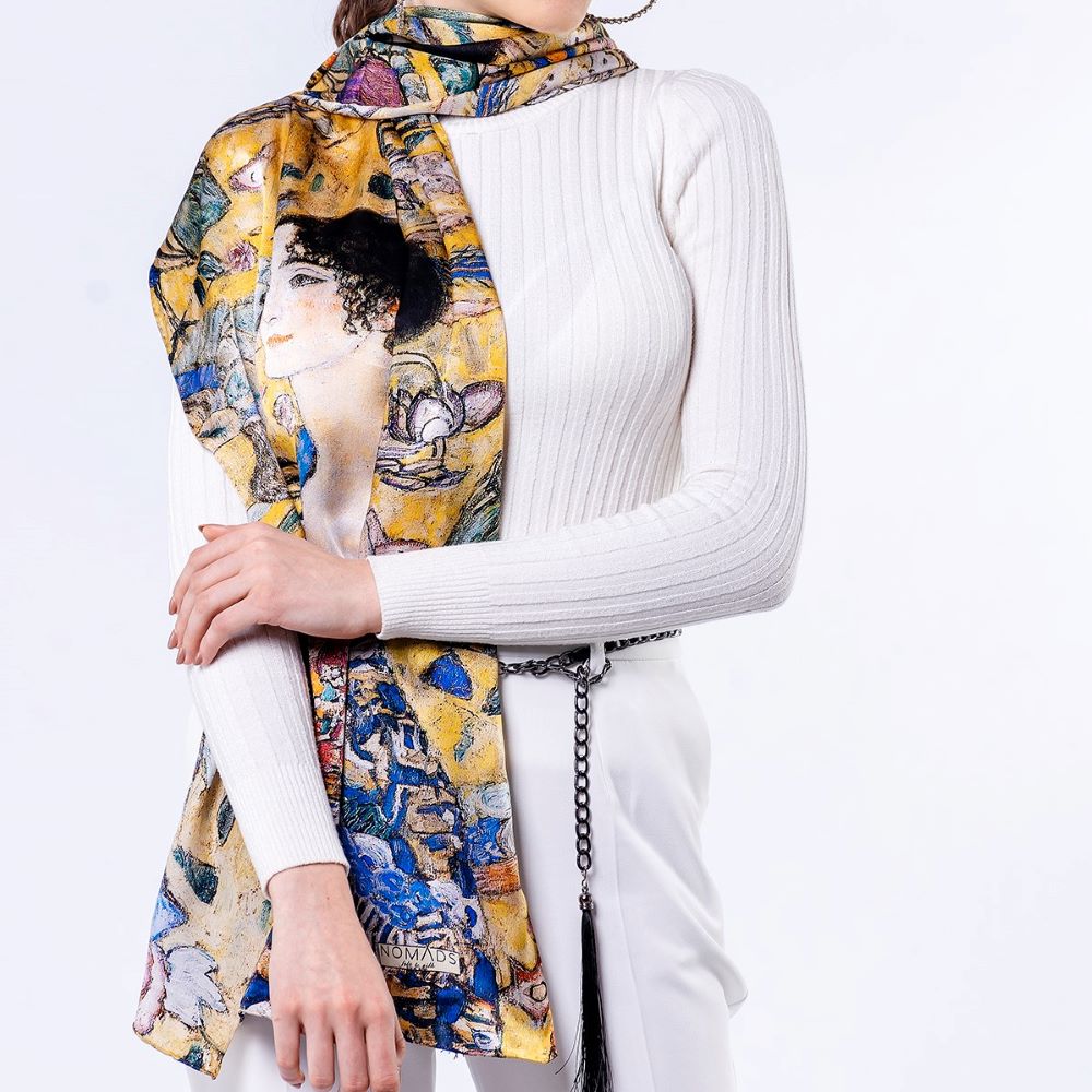 Saf İpek Fular | 55x180 cm | Gustav Klimt Lady with Fan | Nomads Felt