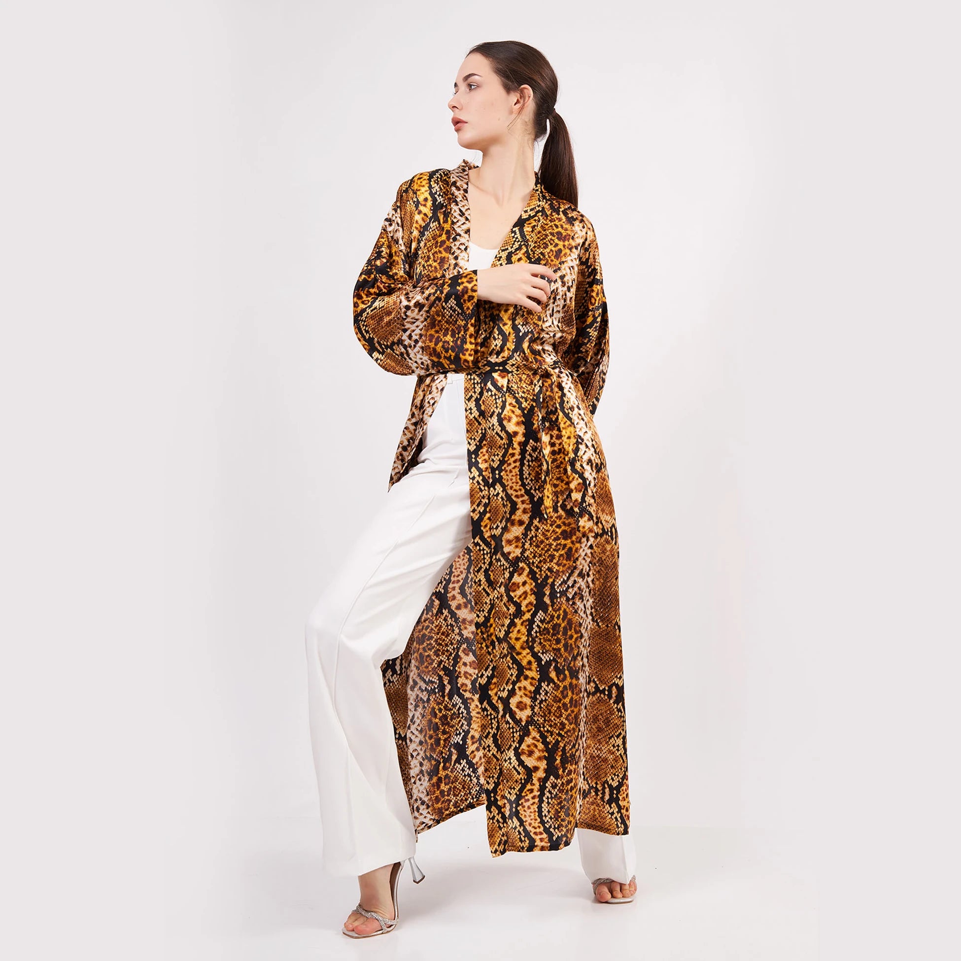 %100 İpek Uzun Kimono | Gold-Kahve | Yılan Derisi Desen | Nomads Felt