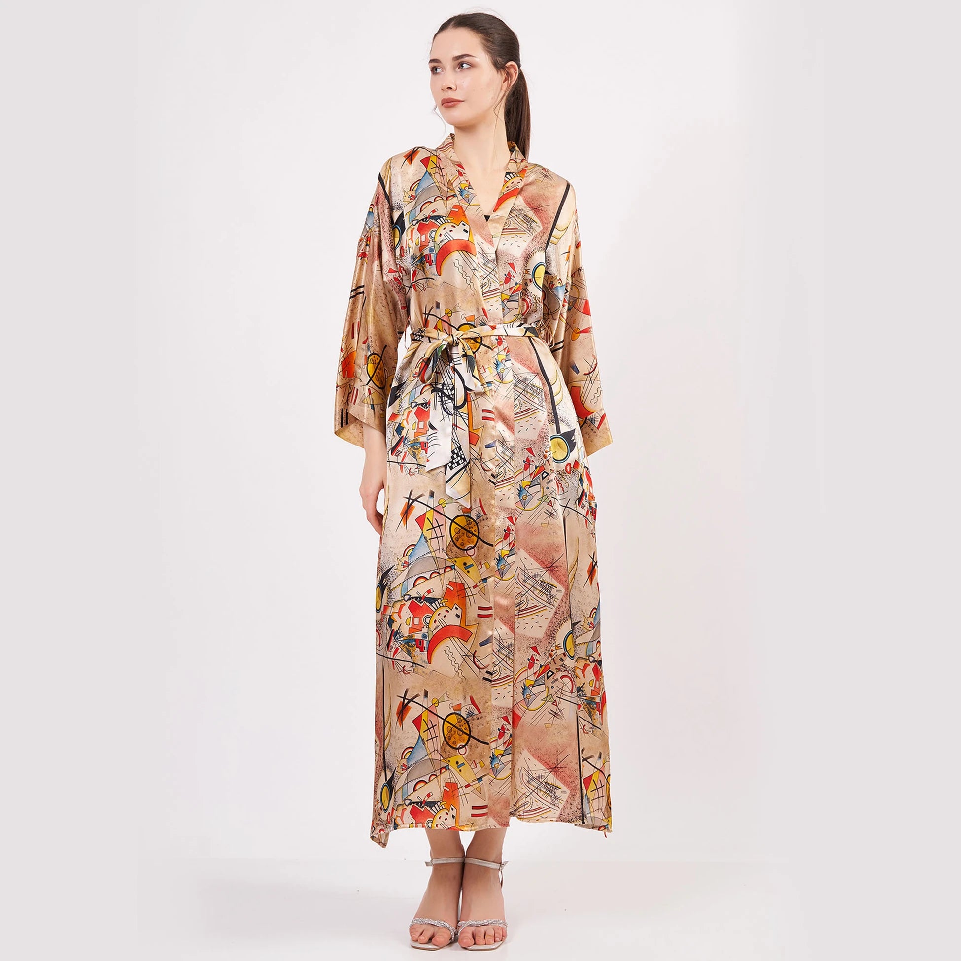 %100 İpek Uzun Kimono Kaftan | Kandinsky Bustling Aquarelle | Nomads Felt
