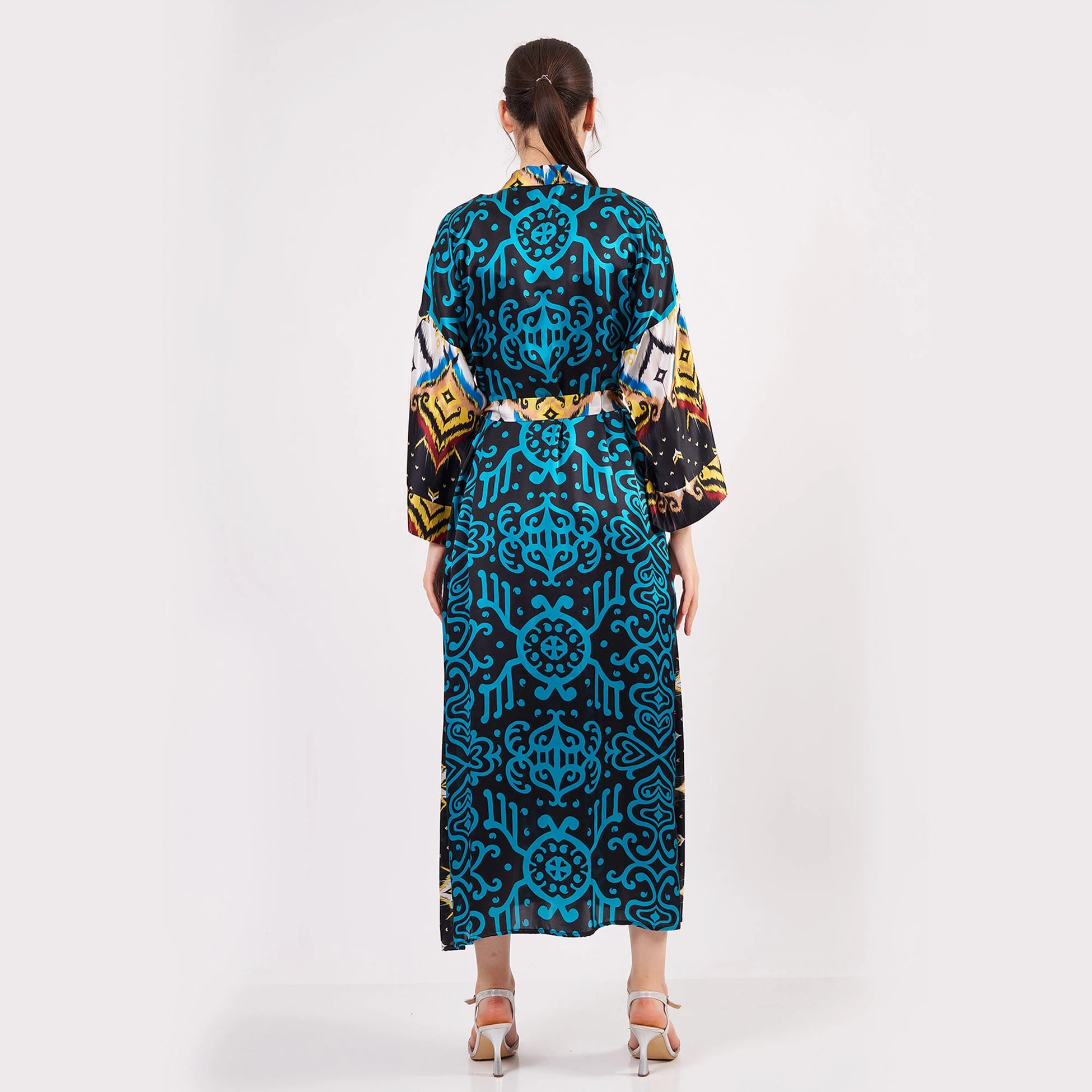 %100 İpek Uzun Kimono Kaftan | İkat Desen Turkuaz | Nomads Felt