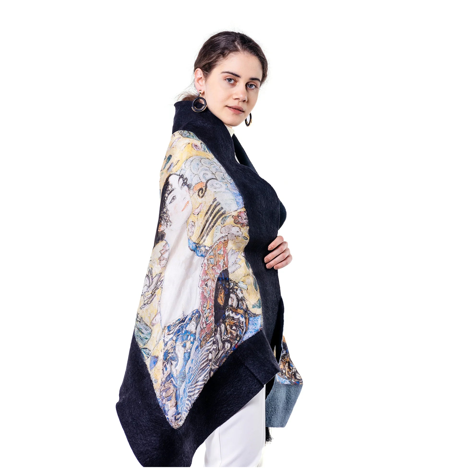 İpek Keçe Şal | Gri Siyah Gustav Klimt Lady with Fan | Nomads Felt