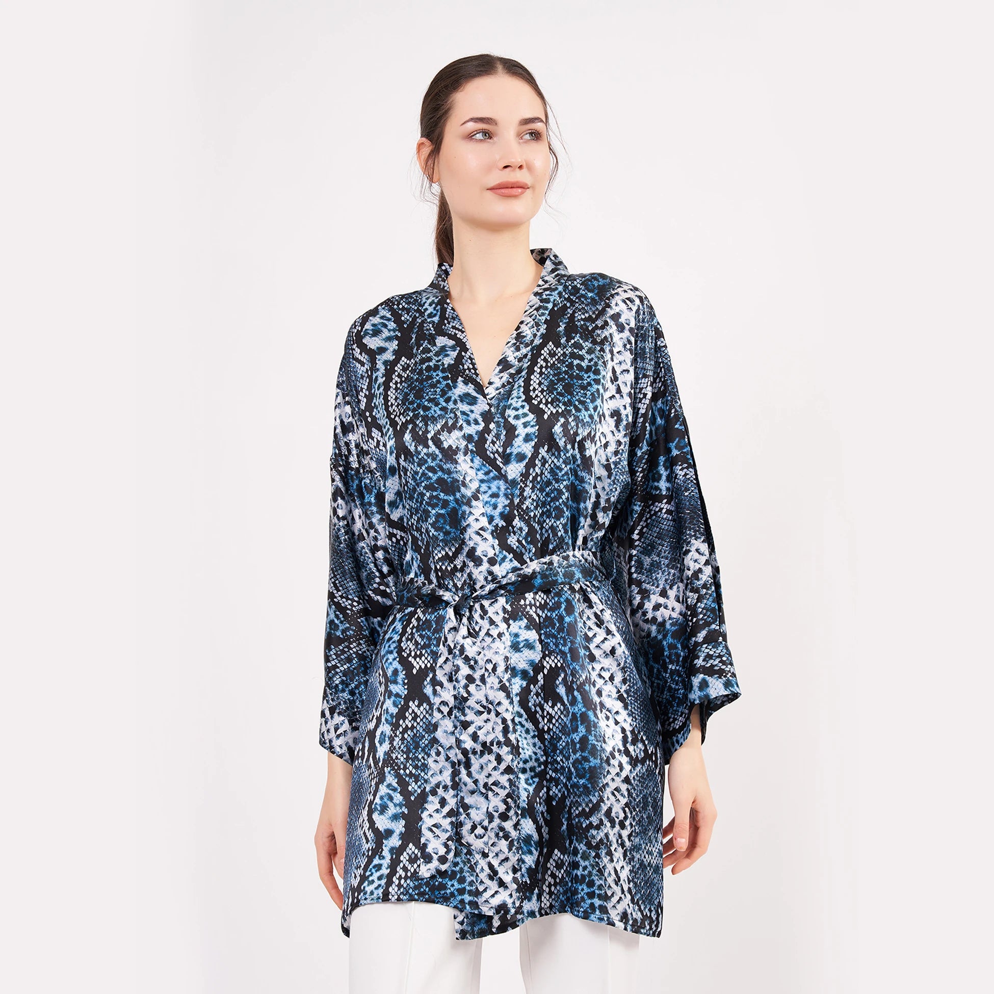 Saf İpek Kısa Kimono Kaftan | Yılan Derisi Desen Mavi | Nomads Felt