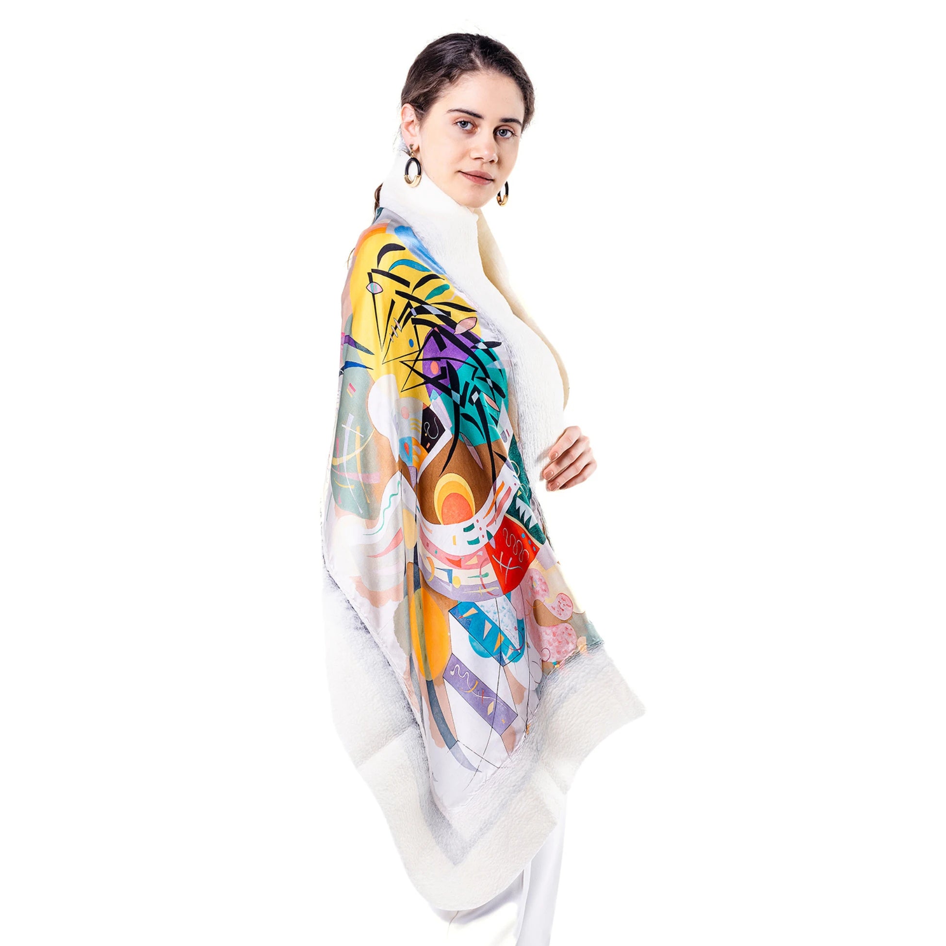İpek Keçe Şal | Beyaz Kandinsky Dominant Curve | Nomads Felt