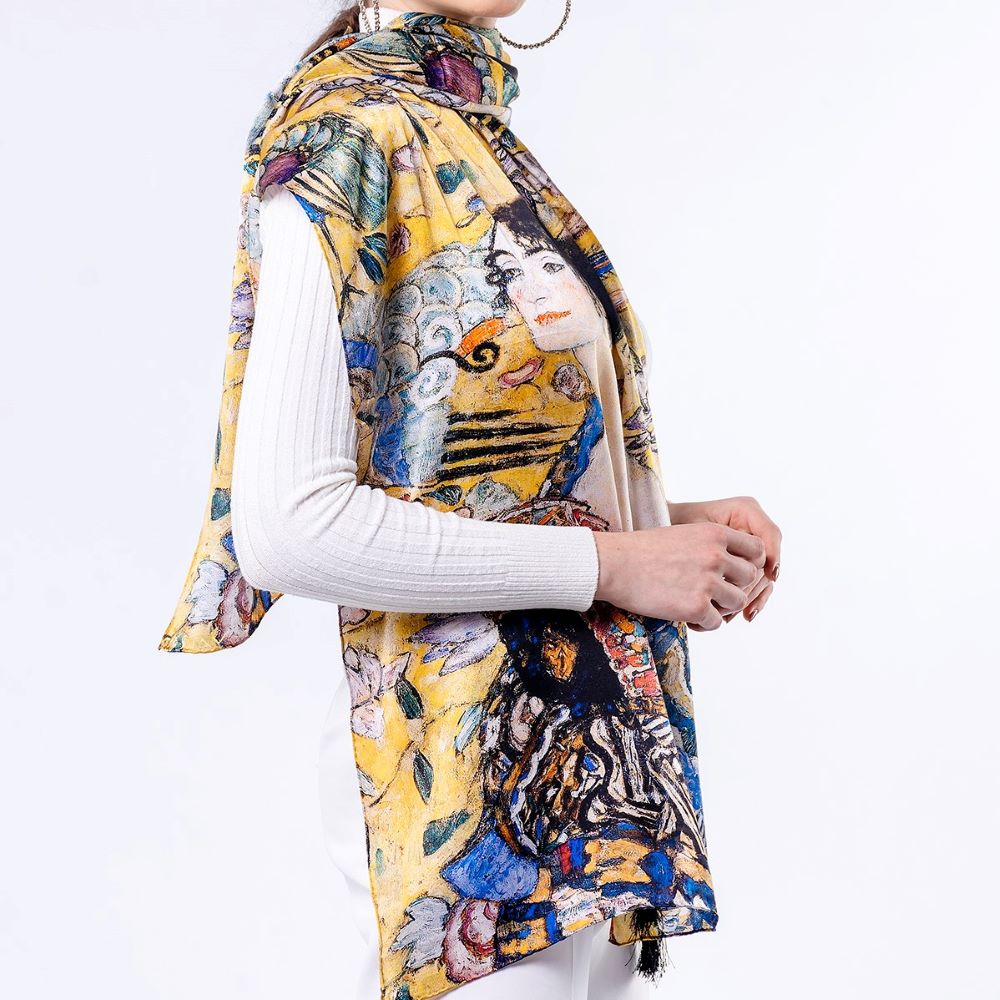 Saf İpek Fular | 55x180 cm | Gustav Klimt Lady with Fan | Nomads Felt